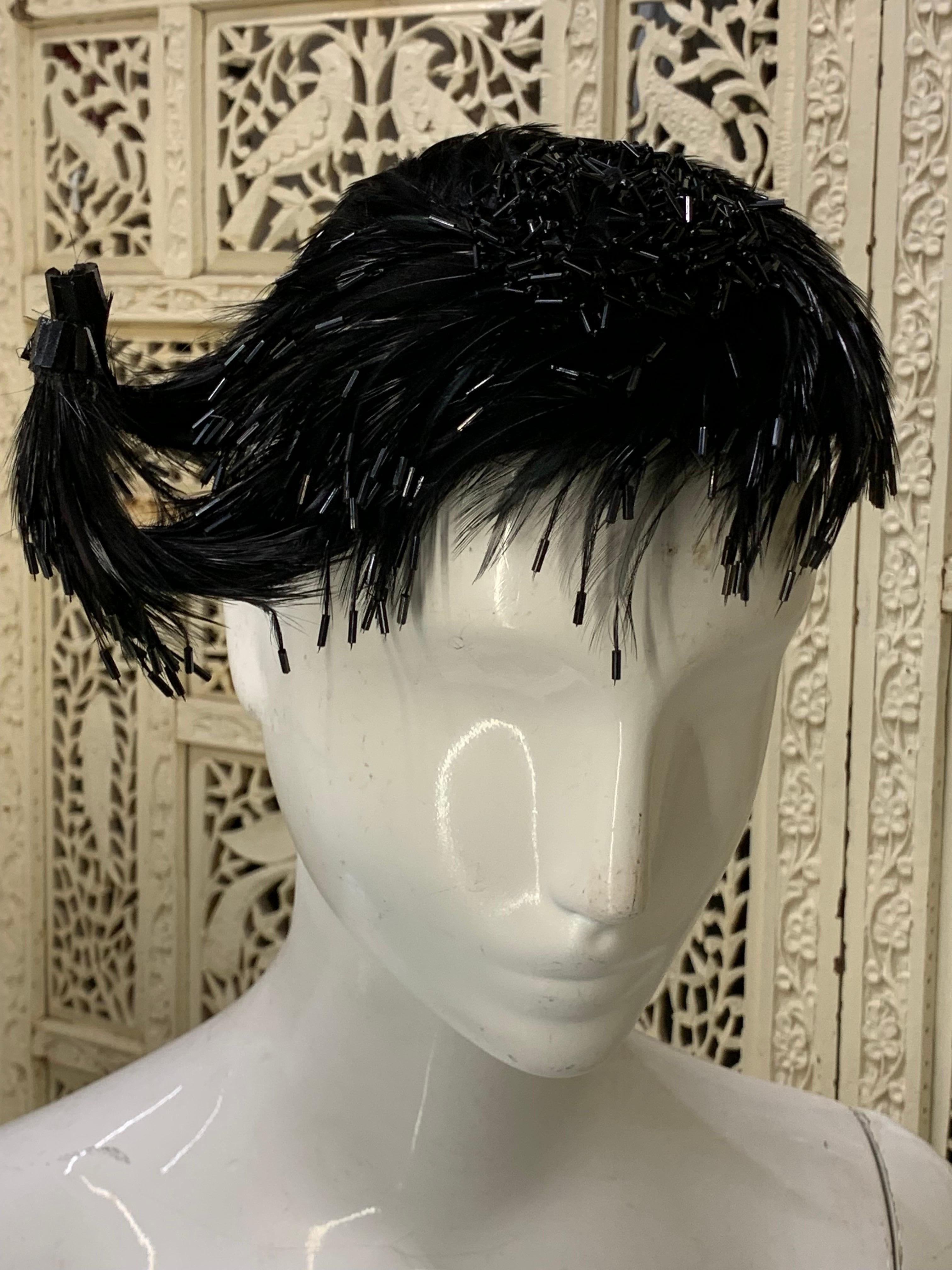 1950s Evelyn - Chicago Unique Black Feather & Bugle Beaded Cocktail Hat  For Sale 2