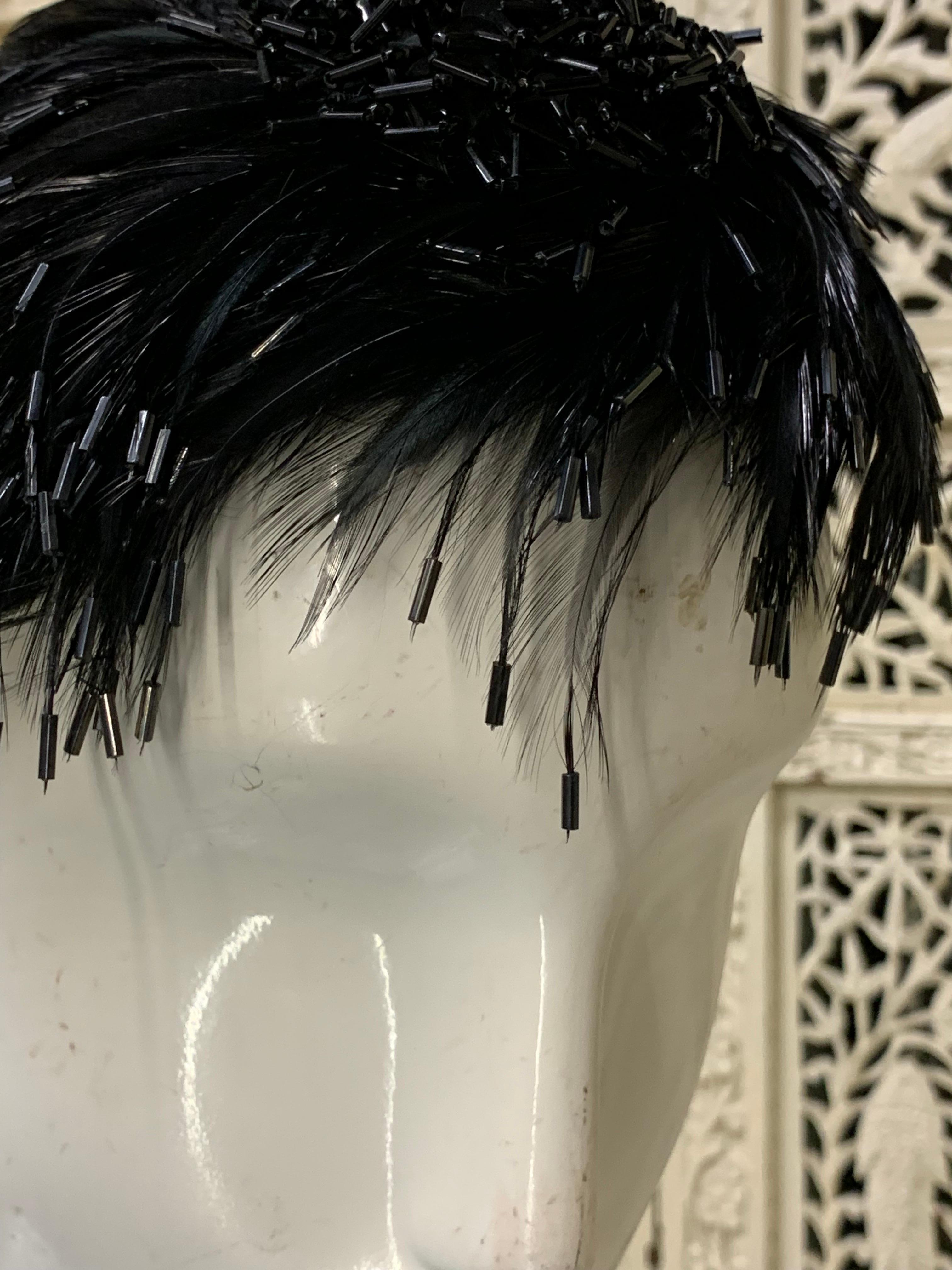 1950s Evelyn - Chicago Unique Black Feather & Bugle Beaded Cocktail Hat  For Sale 4