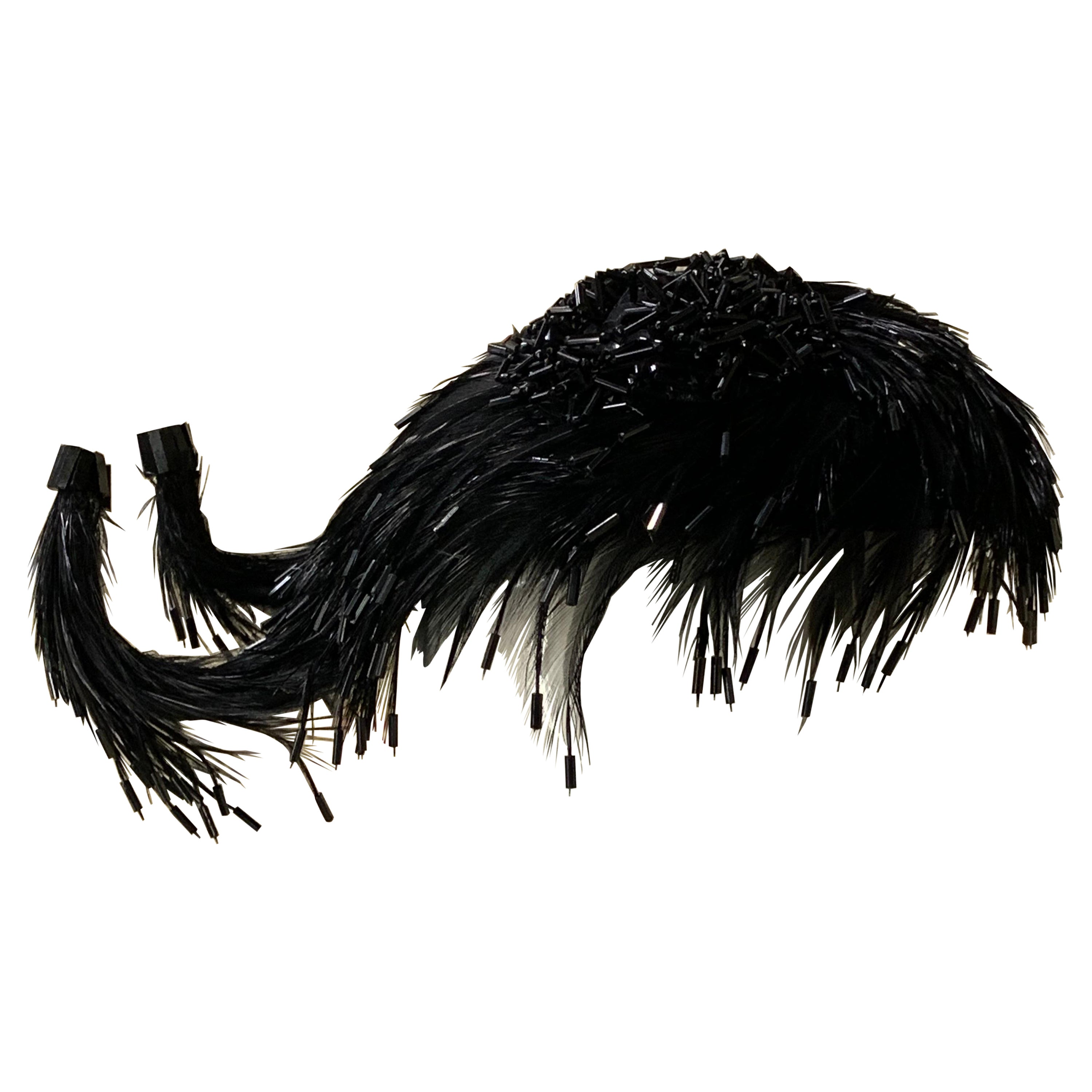 1950s Evelyn - Chicago Unique Black Feather & Bugle Beaded Cocktail Hat