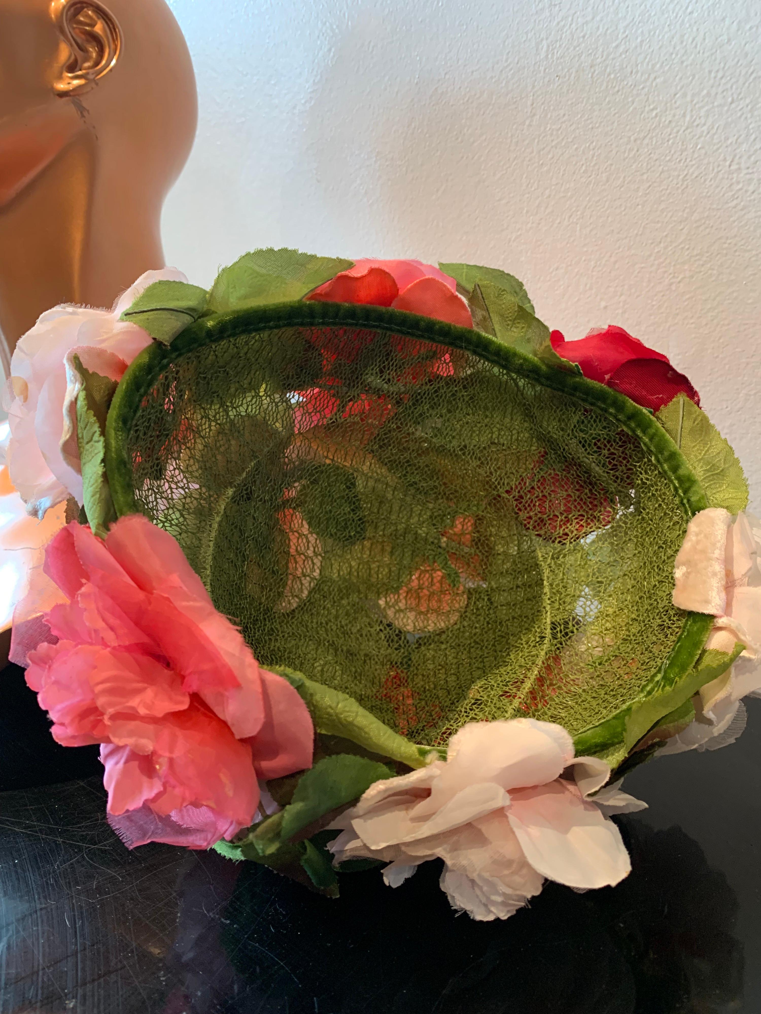 1950s Evelyn Varon Silk Summer Floral Flowerpot Shaped Structured Hat W/ Peonies 5