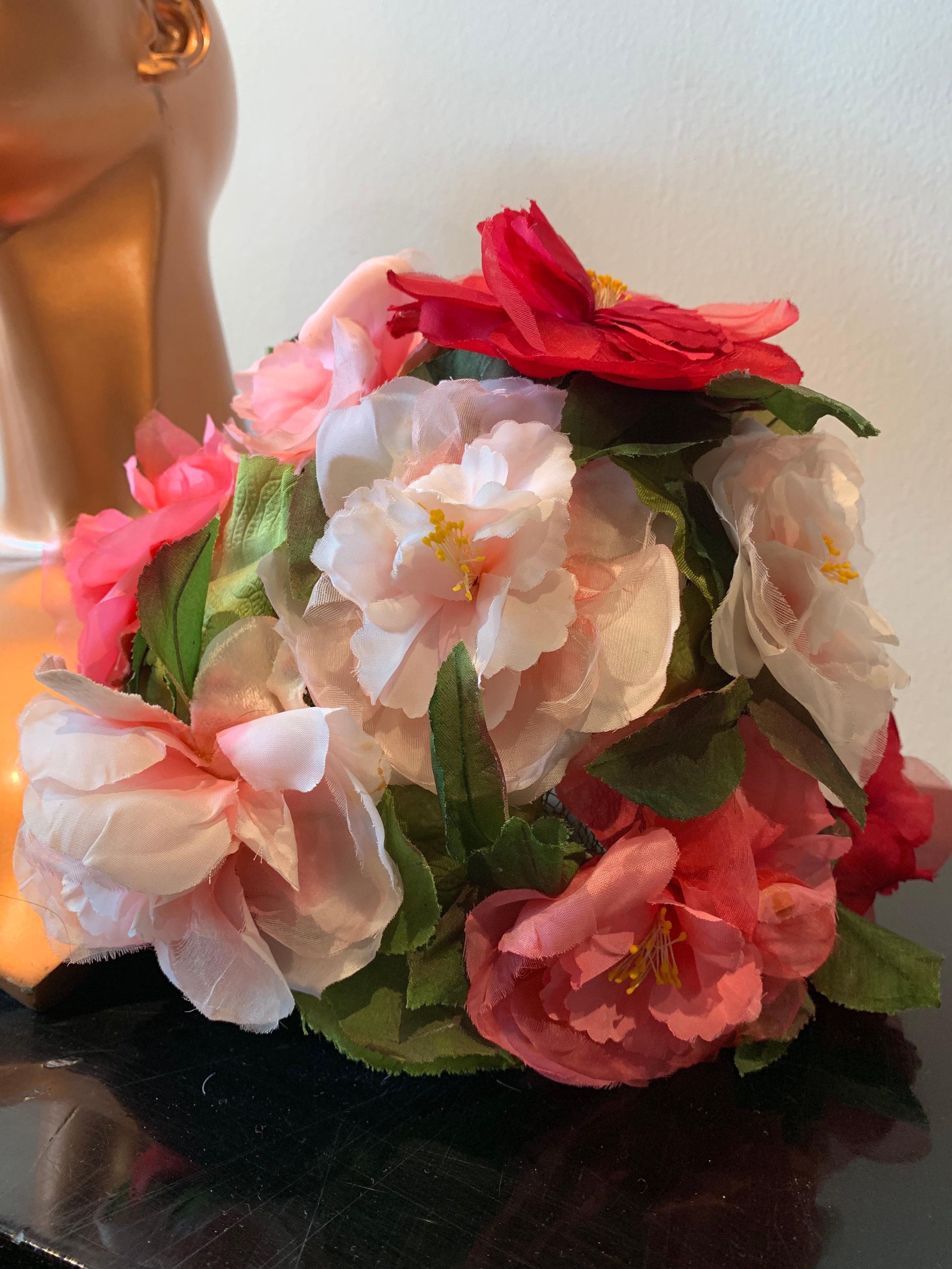 1950s Evelyn Varon Silk Summer Floral Flowerpot Shaped Structured Hat W/ Peonies 6