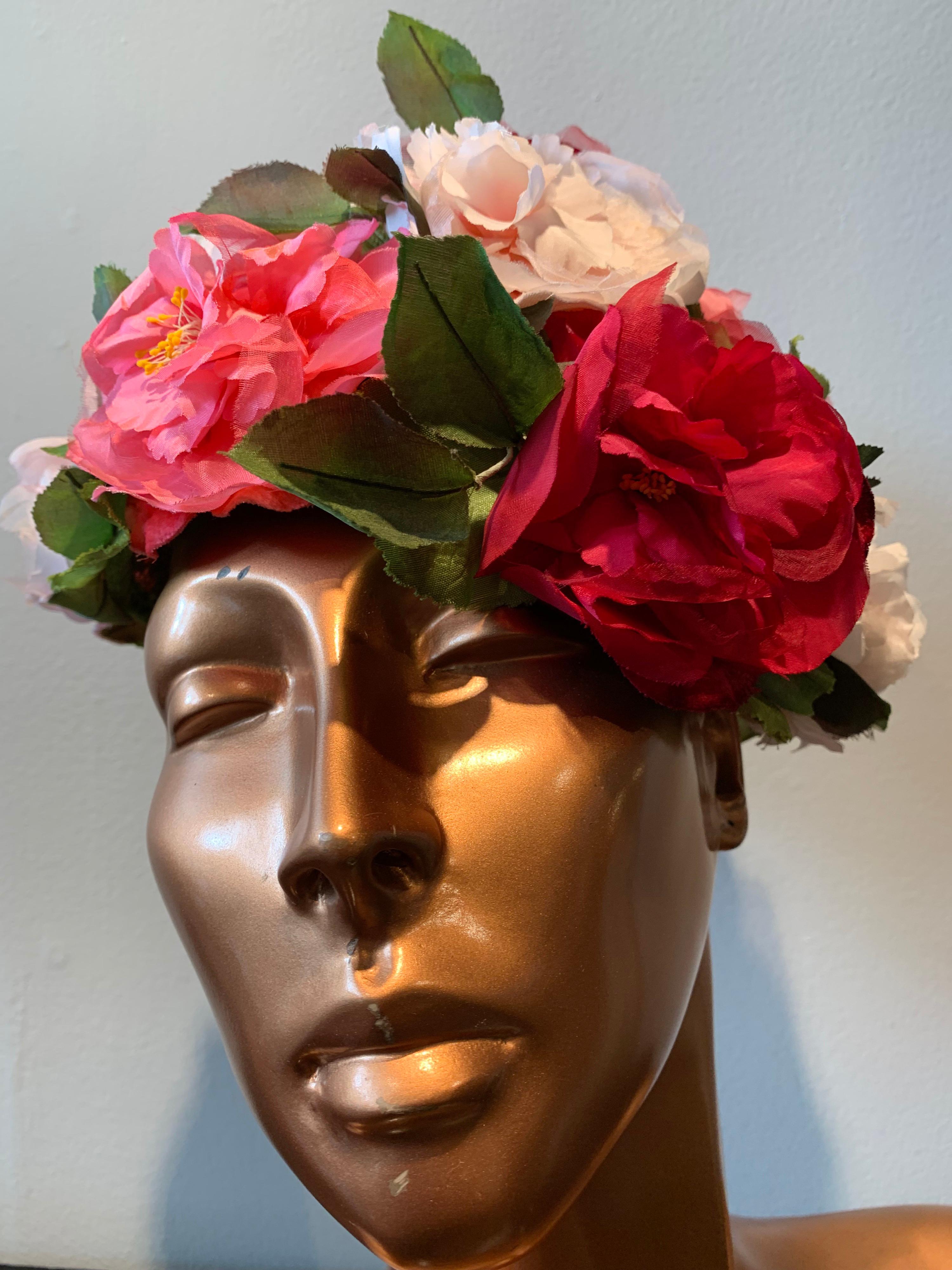 1950s Evelyn Varon Silk Summer Floral Flowerpot Shaped Structured Hat W/ Peonies. Brim edged in velvet. Base is an airy structured mesh. One size fits all.