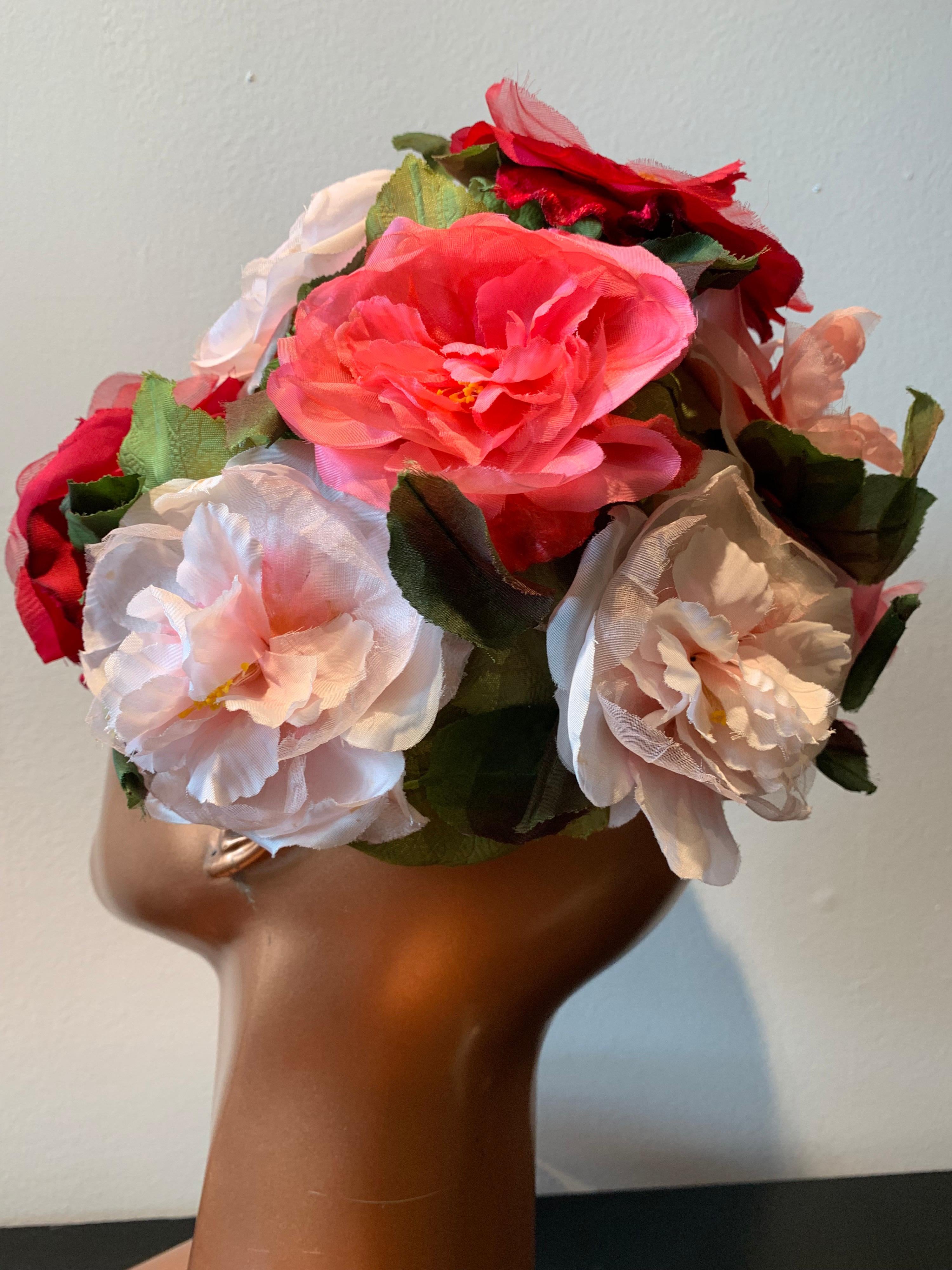 1950s Evelyn Varon Silk Summer Floral Flowerpot Shaped Structured Hat W/ Peonies In Excellent Condition In Gresham, OR