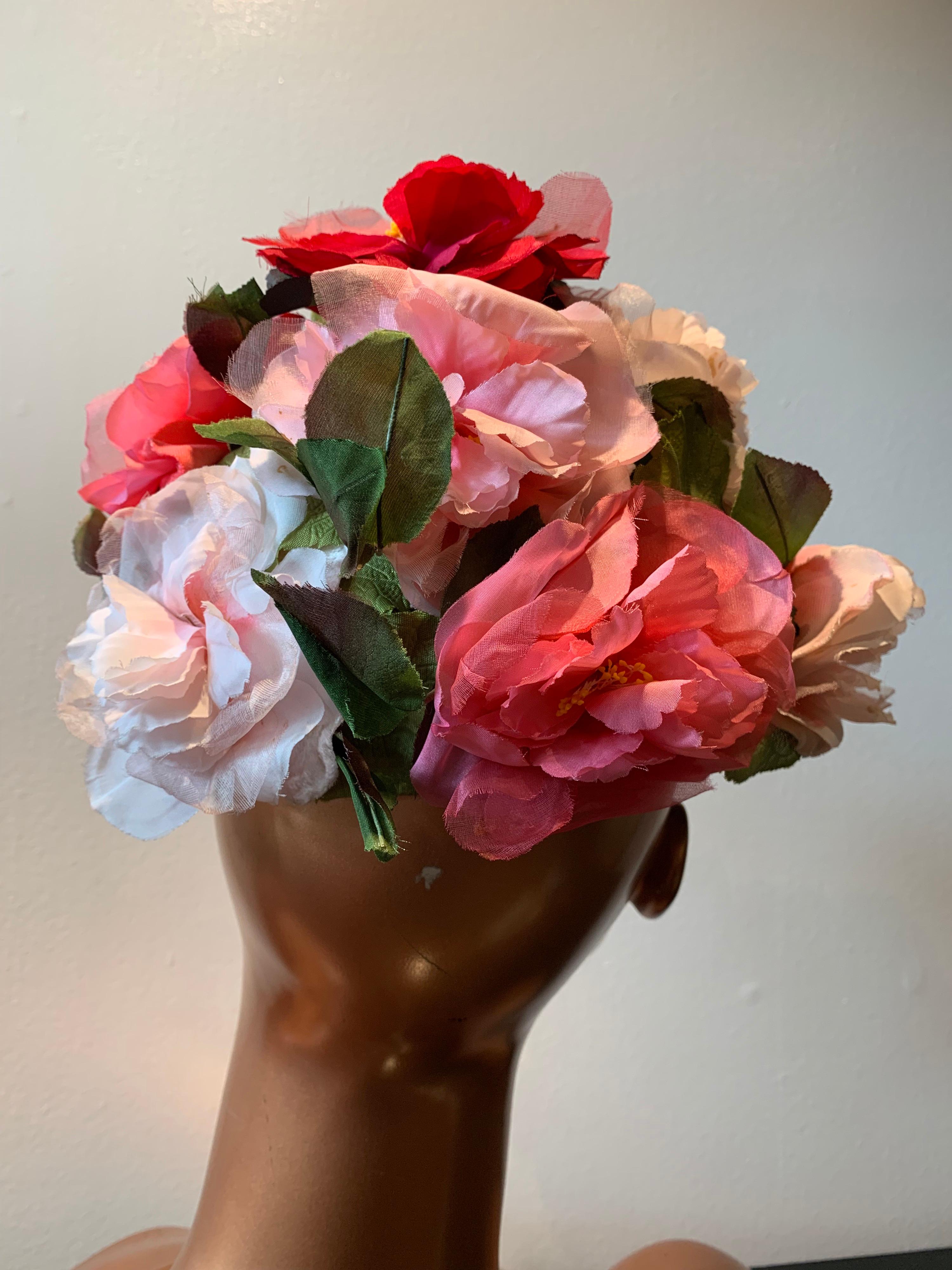 Women's 1950s Evelyn Varon Silk Summer Floral Flowerpot Shaped Structured Hat W/ Peonies