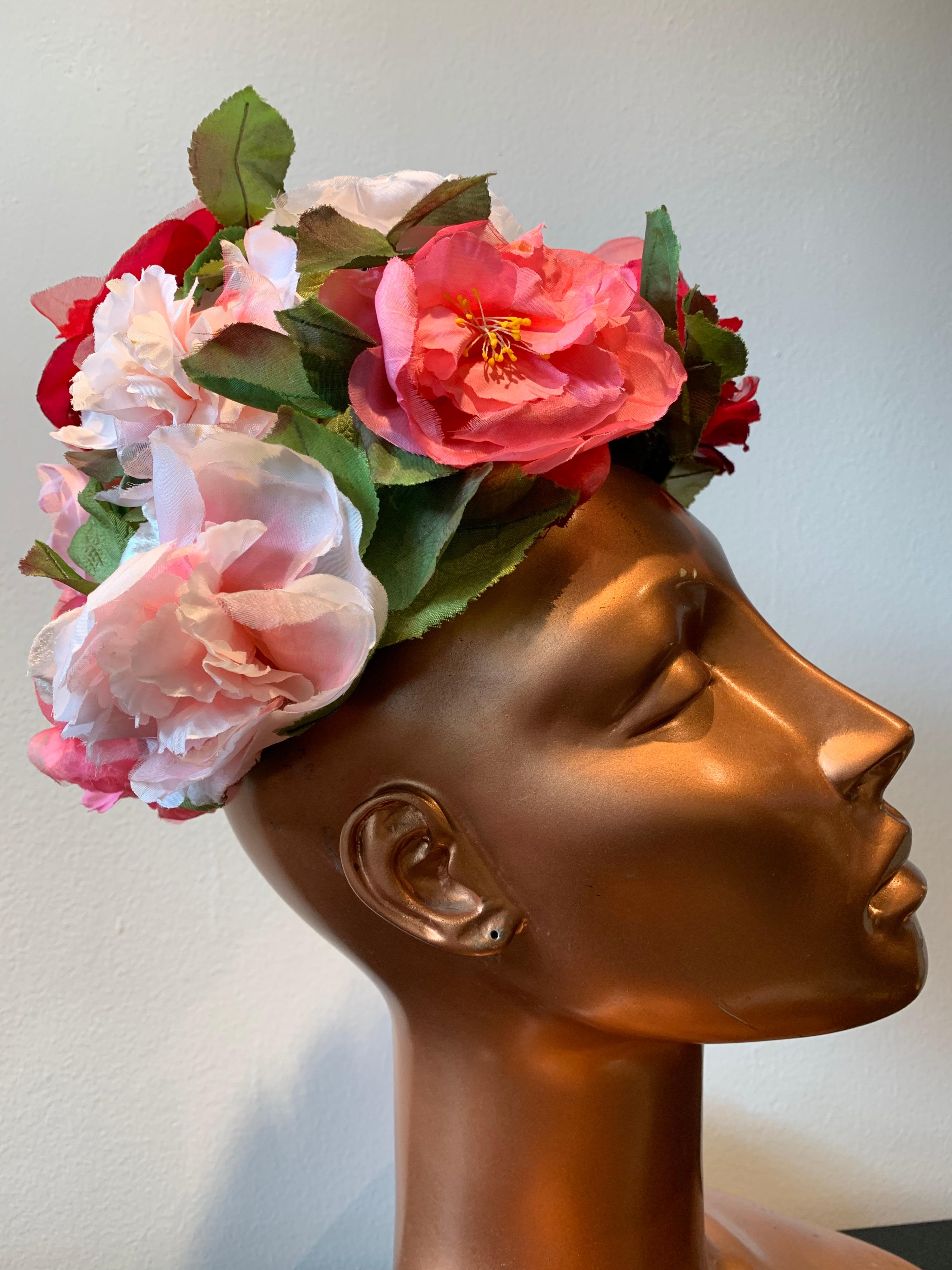 1950s Evelyn Varon Silk Summer Floral Flowerpot Shaped Structured Hat W/ Peonies 1