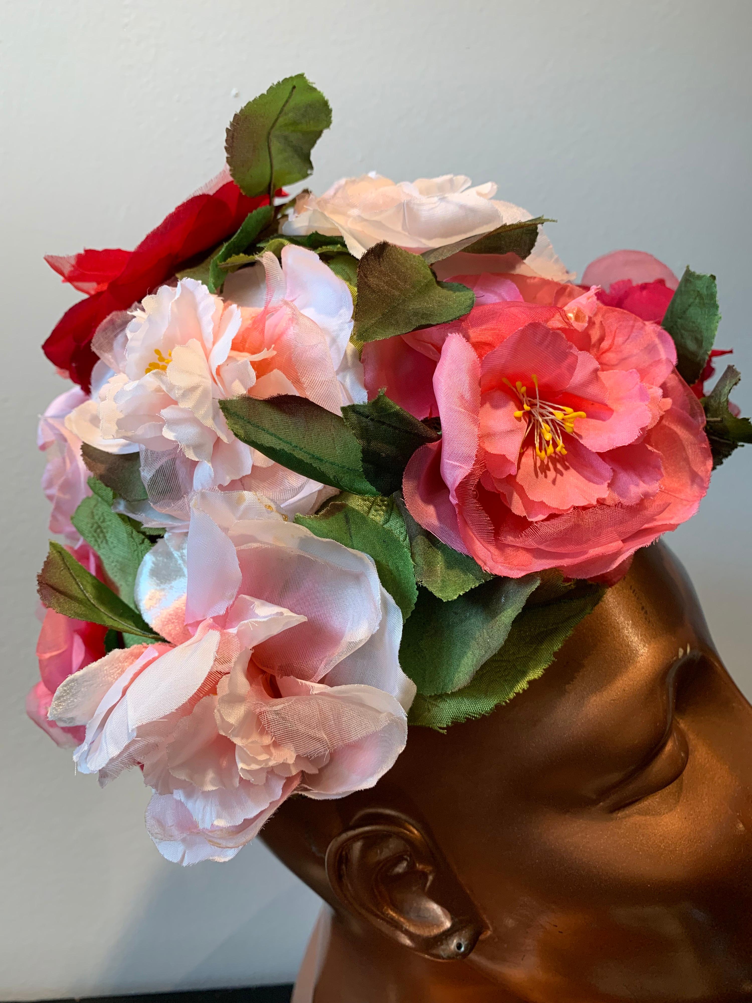1950s Evelyn Varon Silk Summer Floral Flowerpot Shaped Structured Hat W/ Peonies 2