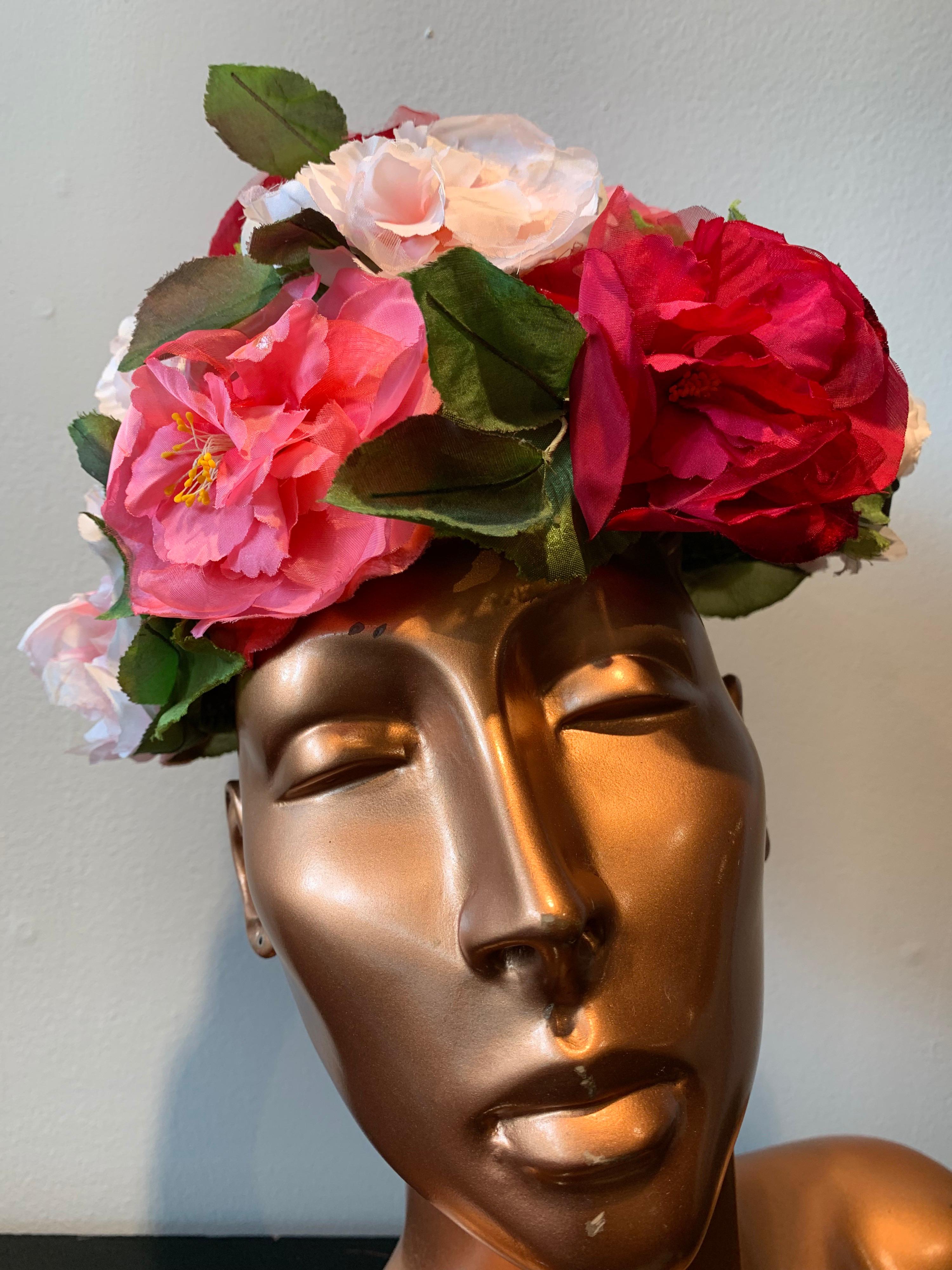 1950s Evelyn Varon Silk Summer Floral Flowerpot Shaped Structured Hat W/ Peonies 3