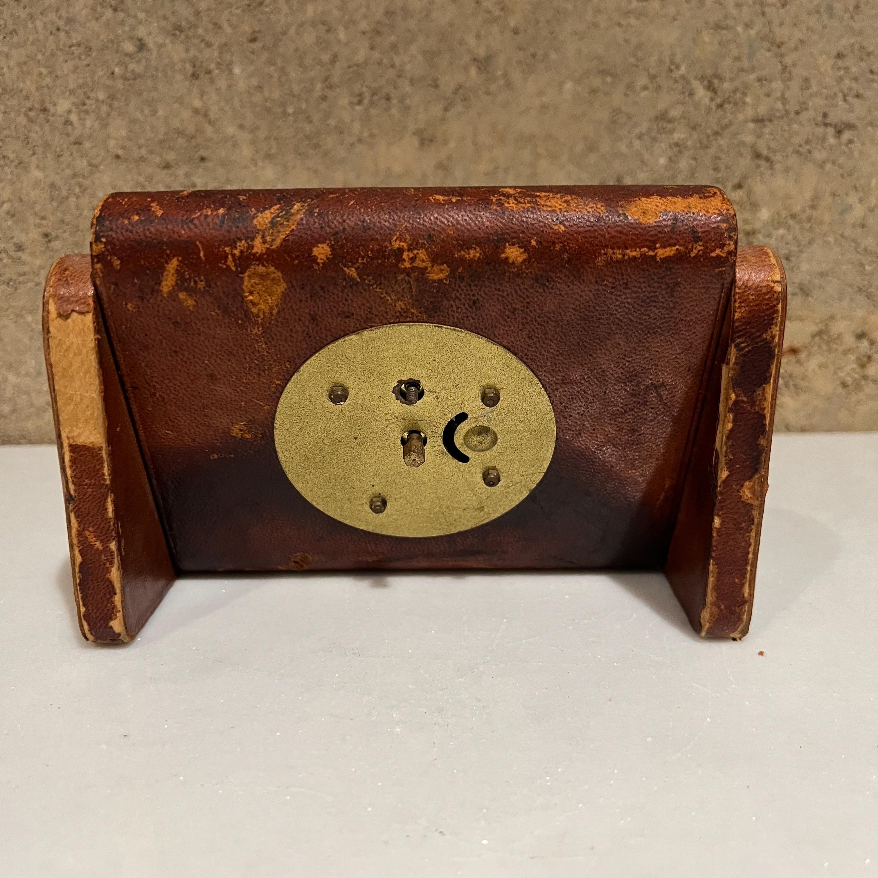 Mid-Century Modern 1950s Everbrite Leather Wrapped Table Desk Clock Distressed Decorative