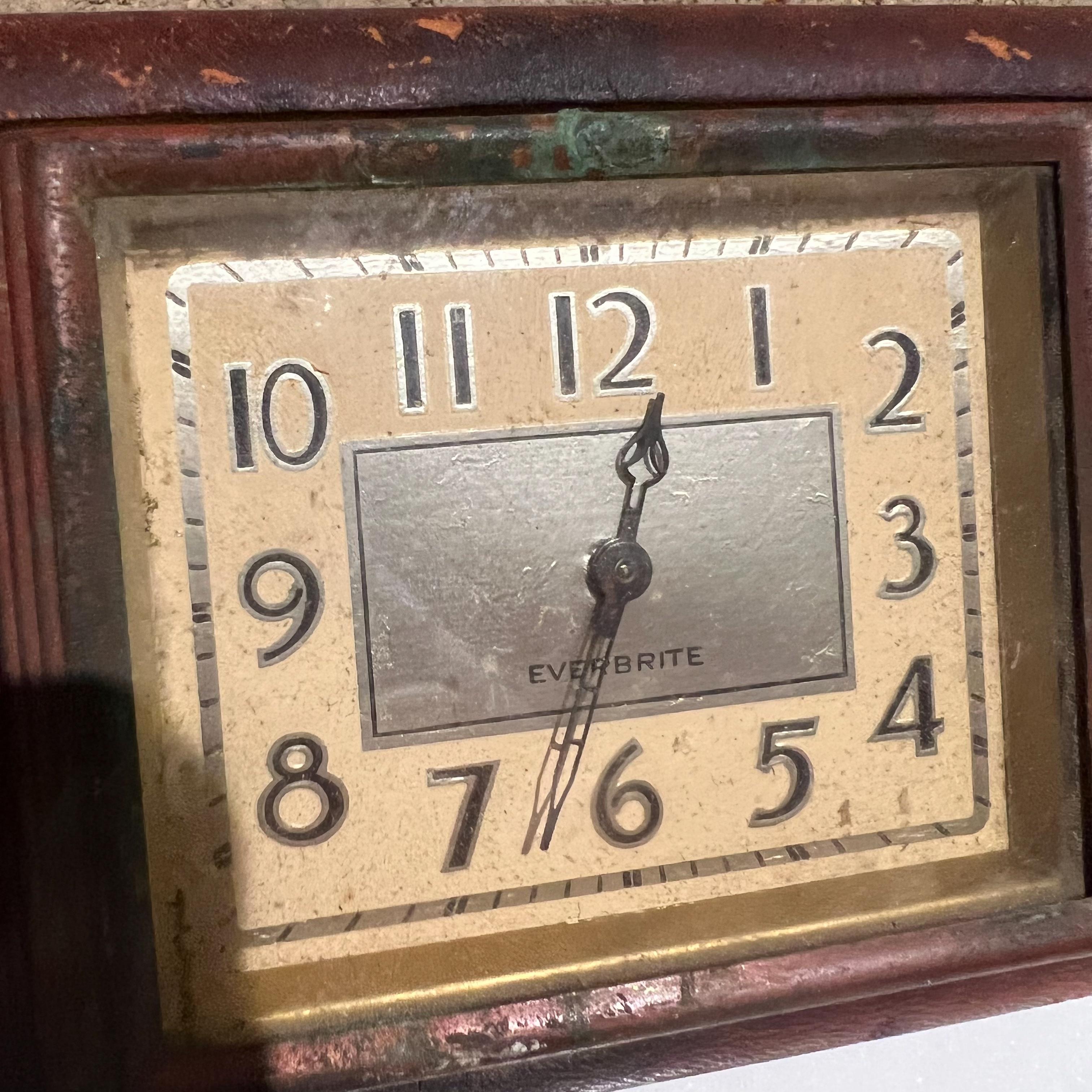 North American 1950s Everbrite Leather Wrapped Table Desk Clock Distressed Decorative