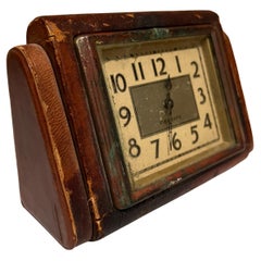 1950s Everbrite Leather Wrapped Table Desk Clock Distressed Decorative