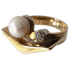 1950s Everett Macdonald Diamond Gold Pearl Boomerang Engagement Ring
