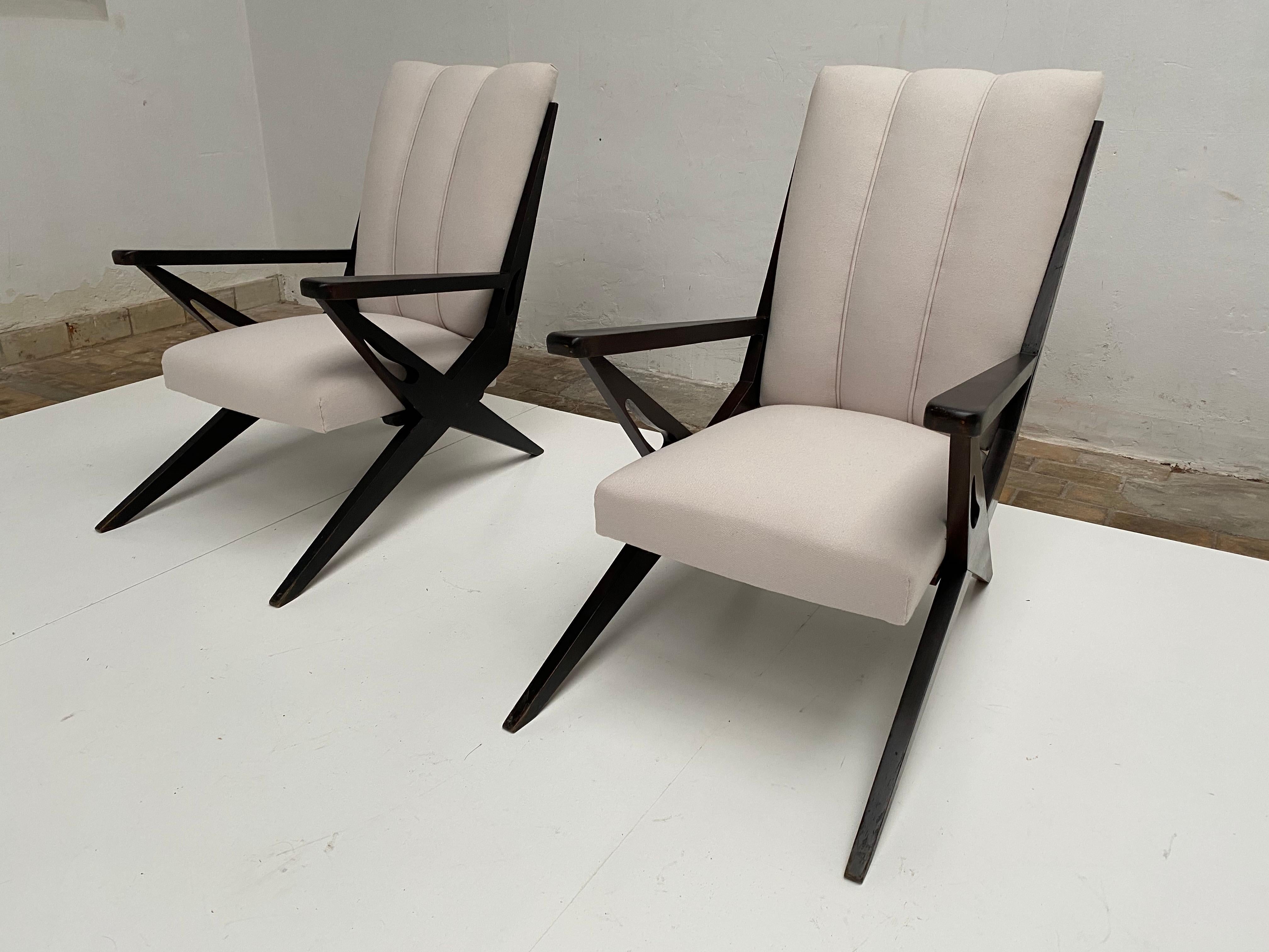 Mid-20th Century 1950s Exceptional Dynamic Sculptural Form Italian Lounge Chairs New Upholstery