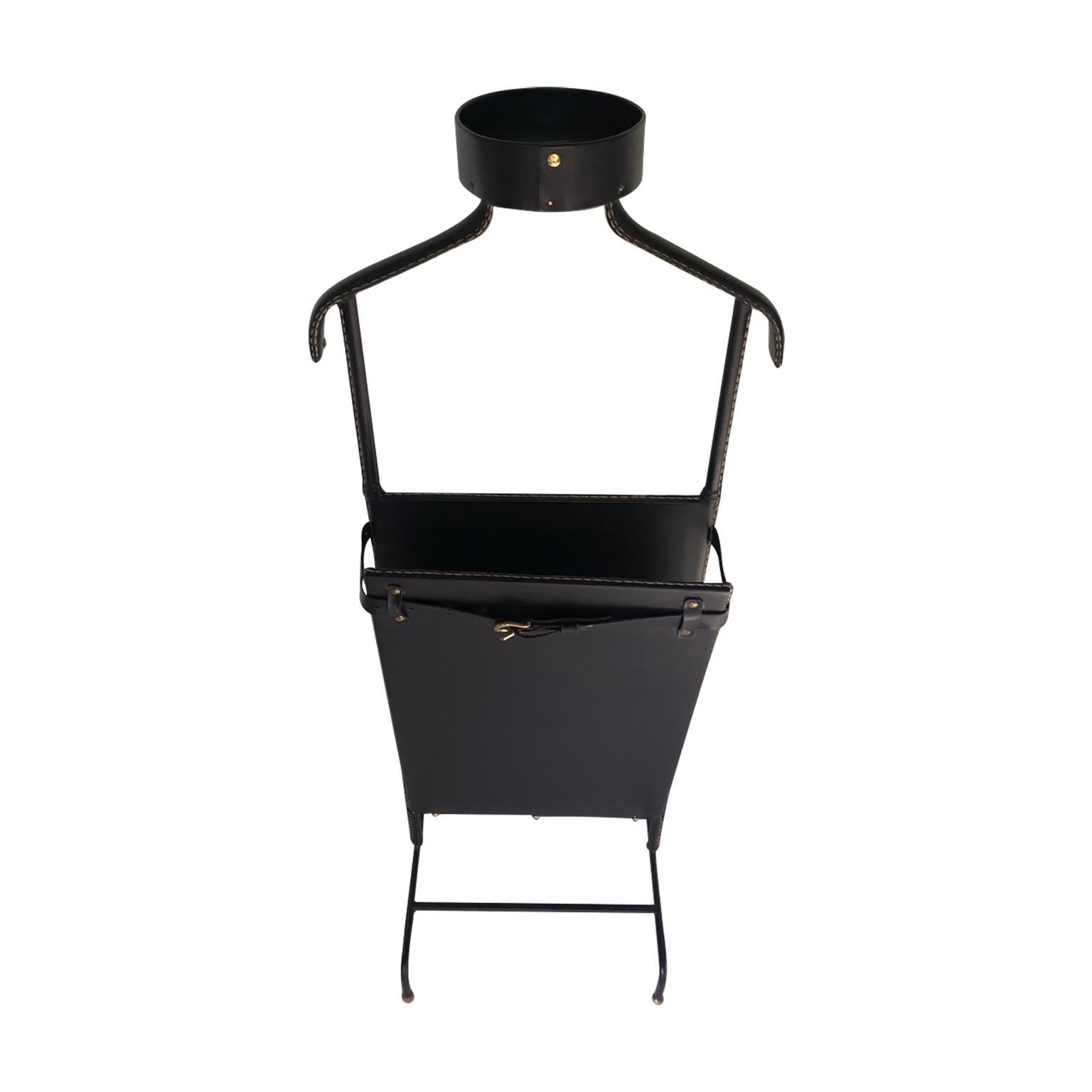 1950s Exceptional Jacques Adnet Black Leather Valet For Sale 1