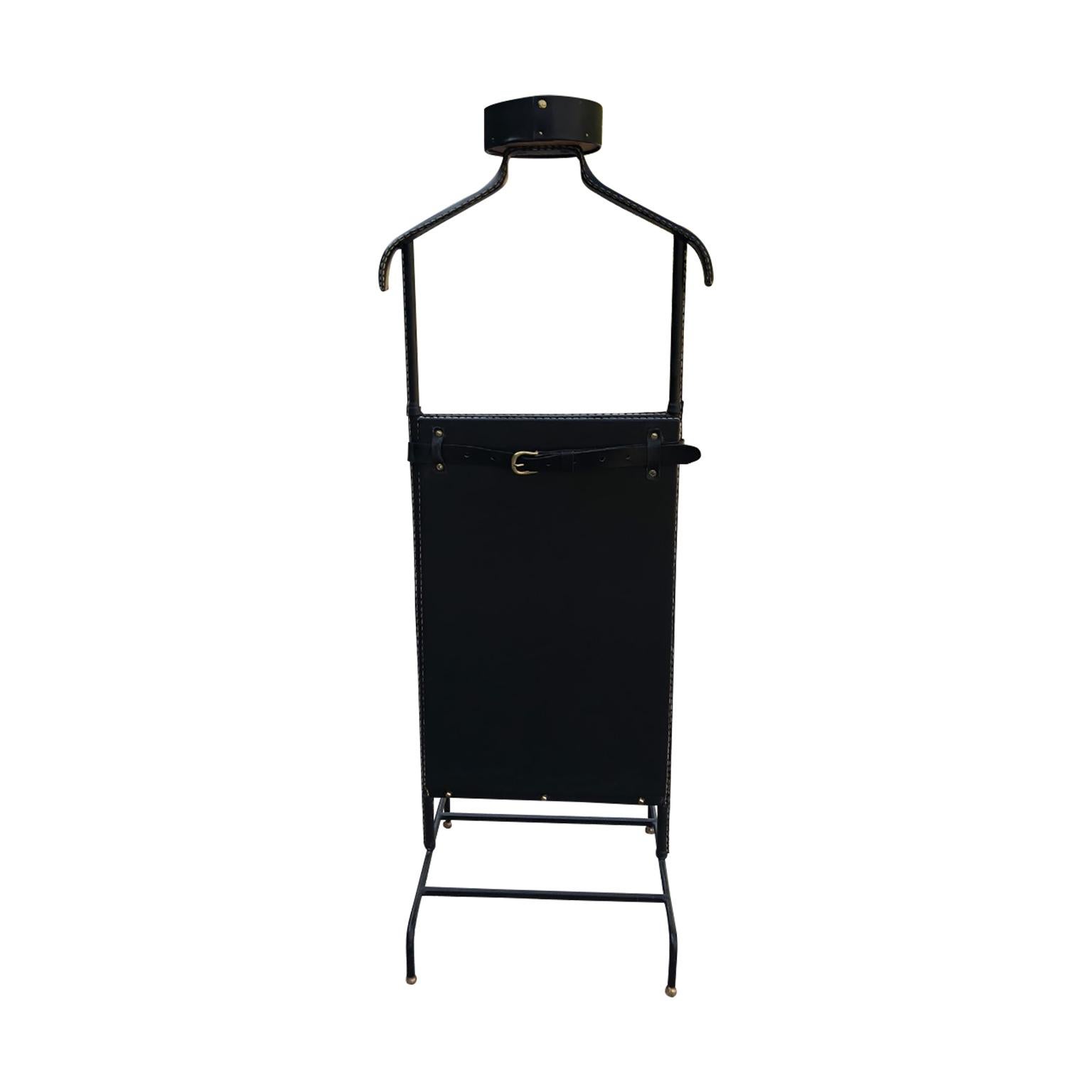 1950s Exceptional Jacques Adnet Black Leather Valet For Sale
