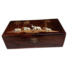 Vintage 1950s Exotic Wood Inlay Box Elephant Palm Tree