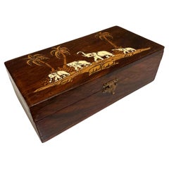1950s Exotic Wood Inlay Box Elephant Palm Tree