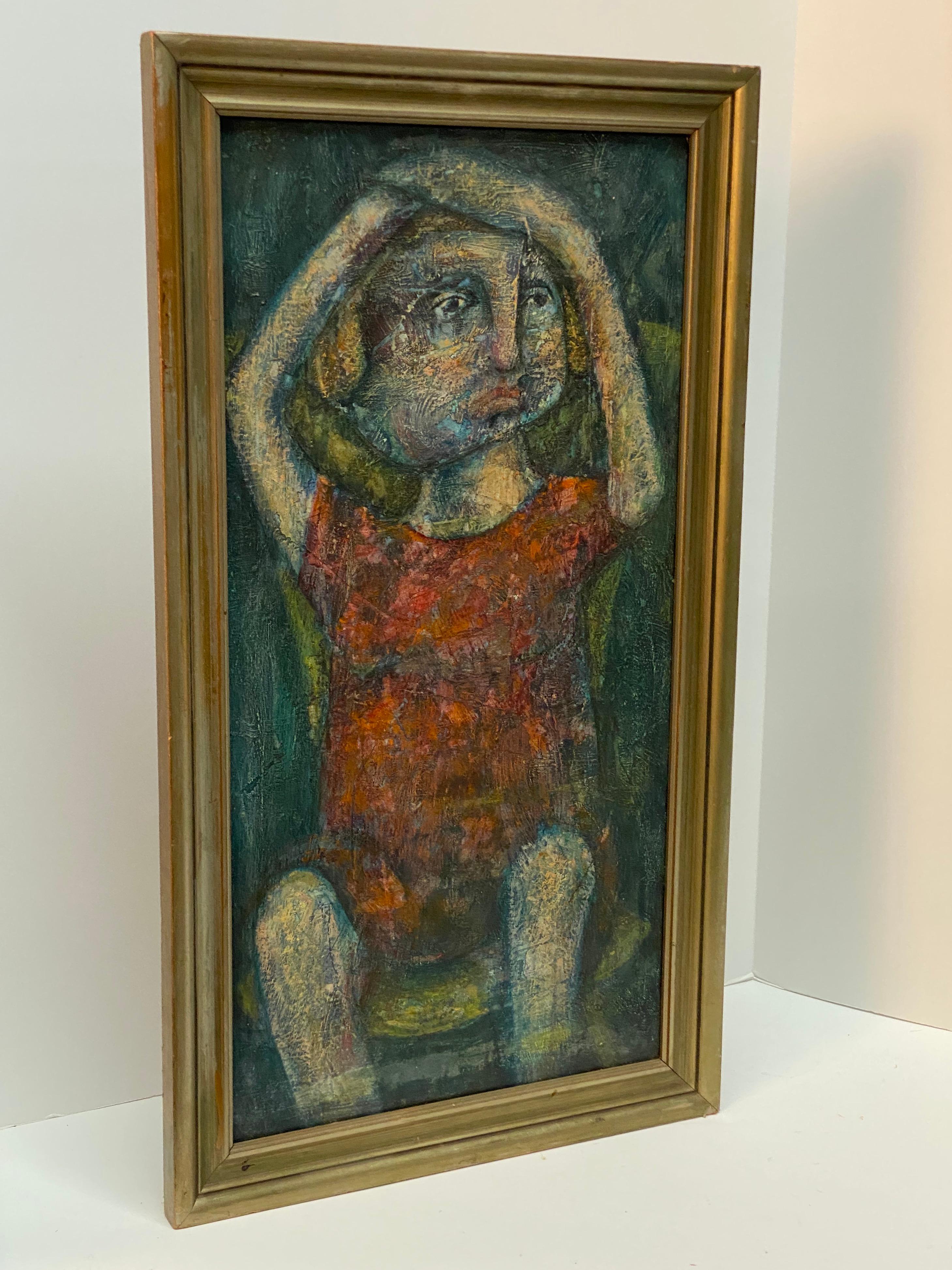 A somber rendering of a young girl with a page boy haircut wearing a red dress seated in a high back chair. Her arms are raised above her head. Oil paint on board. Entitled 