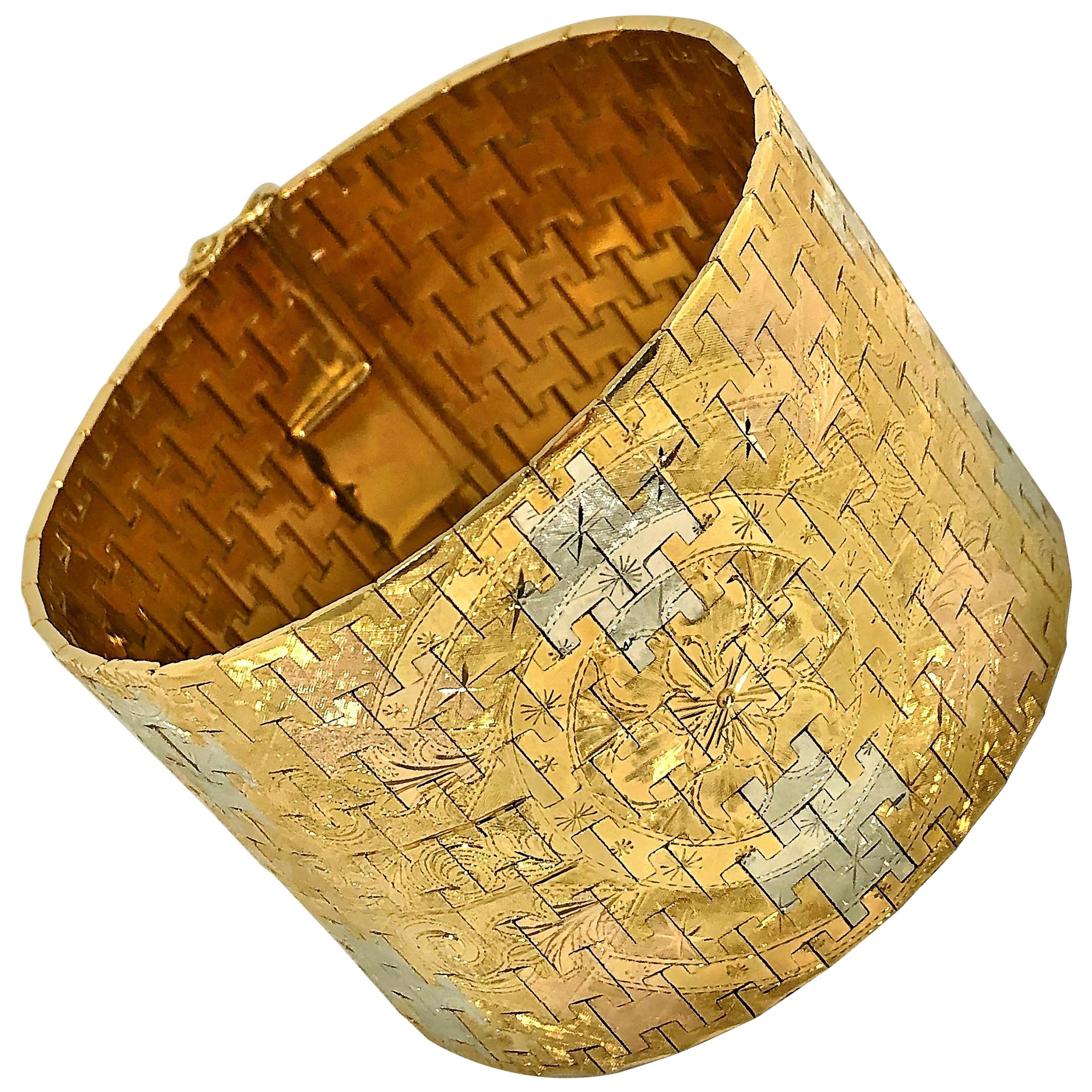 1950s Extra Wide & Extra Heavy Florentine Hand Engraved Tri-Color Gold Bracelet