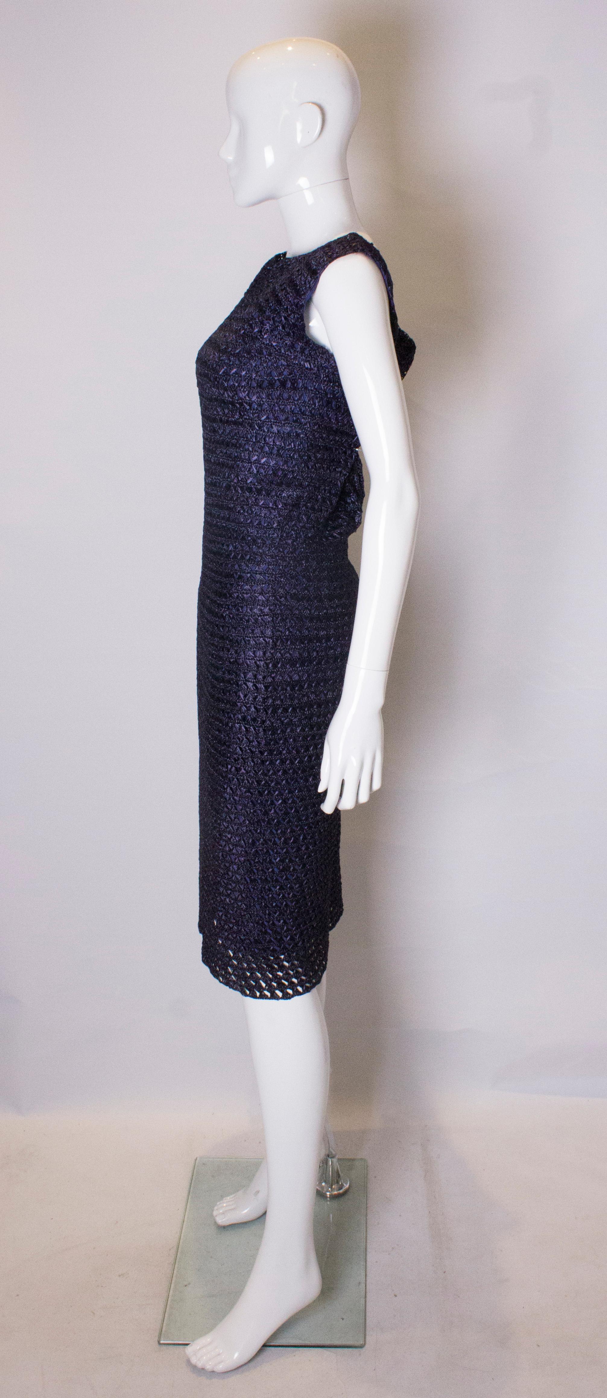 1950s Extreme Hourglass Woven Navy Blue Raffia Calf Length Cocktail Wiggle Dress 1