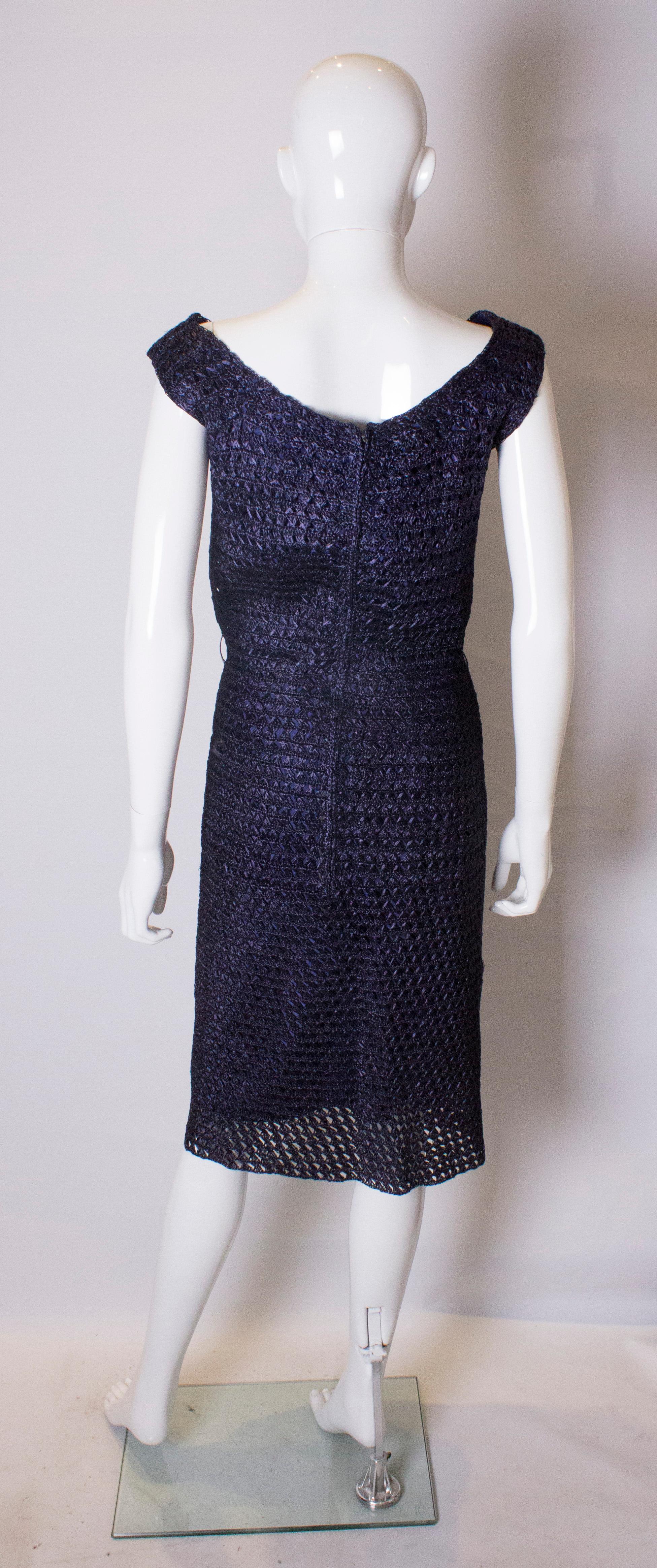 1950s Extreme Hourglass Woven Navy Blue Raffia Calf Length Cocktail Wiggle Dress 3