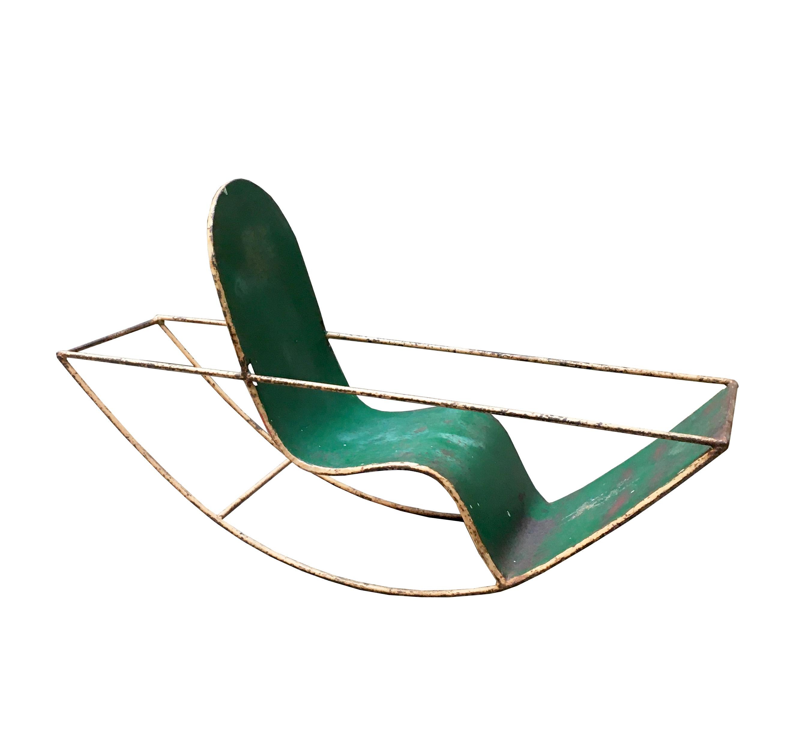 Mid-Century Modern 1950s Extremely Rare Child Green Metal Rocker, Italy