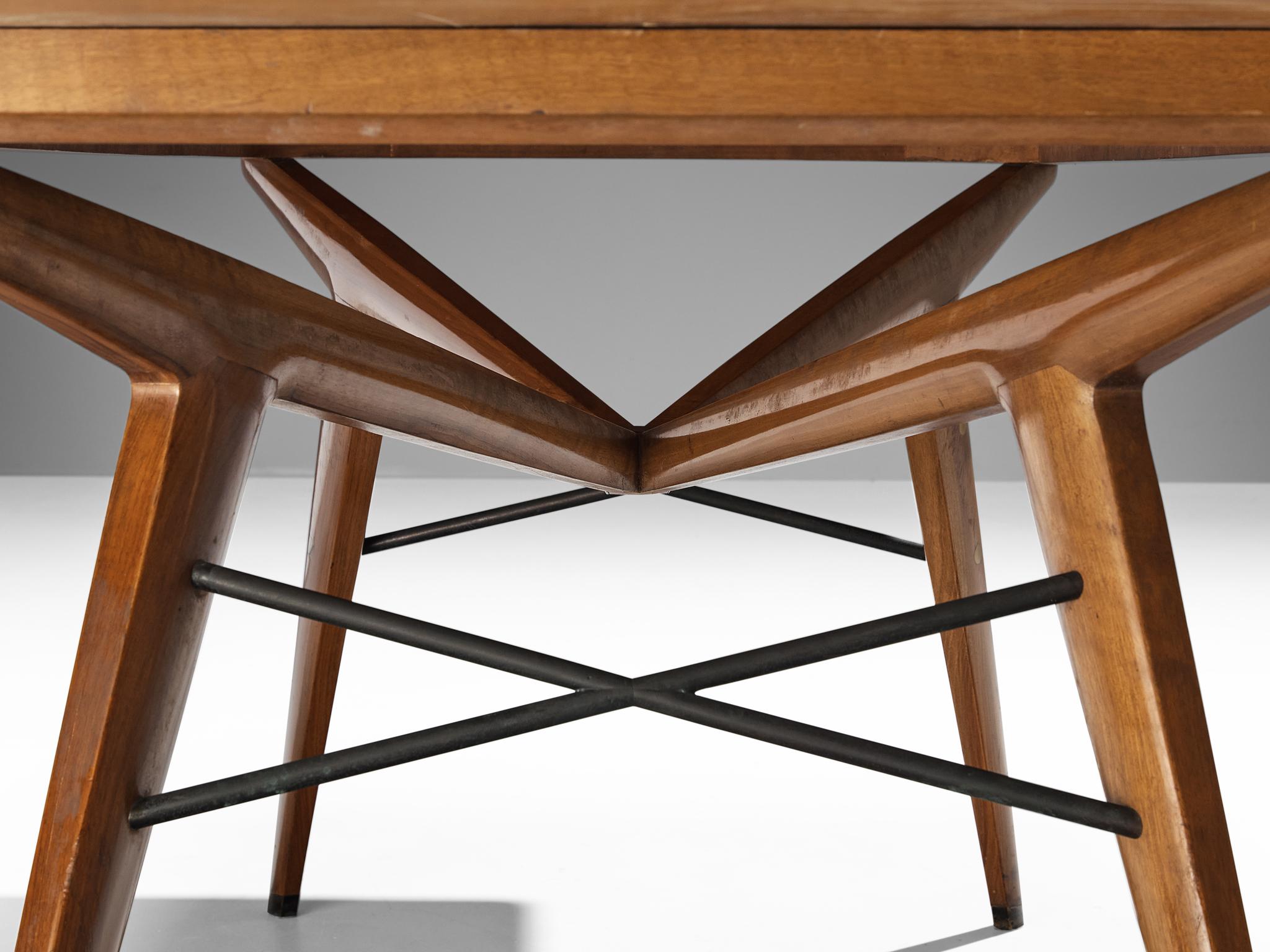 1950s Rare Italian Dining Table in Walnut, Bronze, and Brass In Good Condition In Waalwijk, NL
