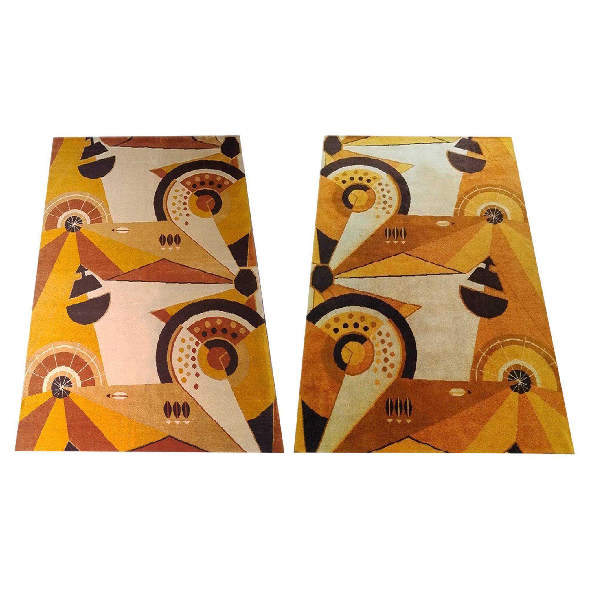 Rare 1950s French Constructivist Wool Rugs, Futuristic Diptych For Sale