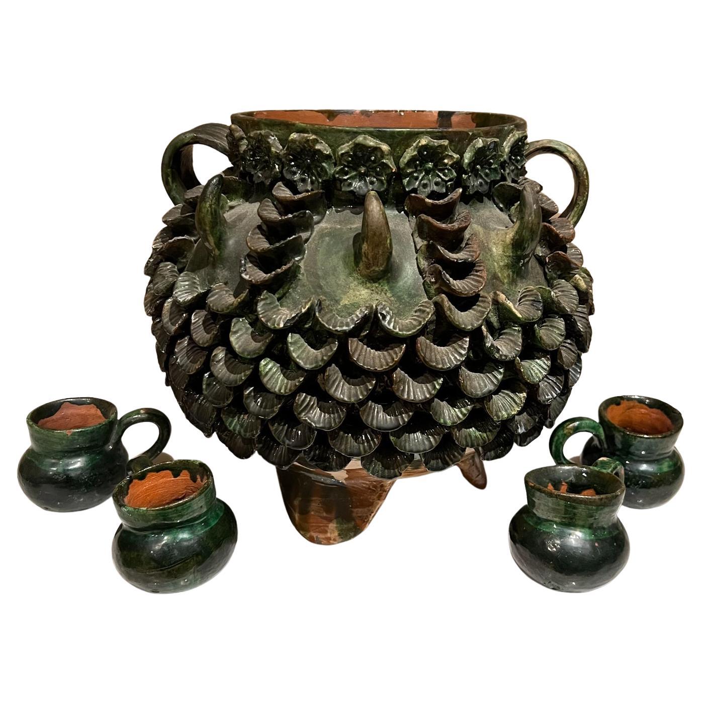 1950s Fabulous Design Green Pineapple Pina Pottery Jar & Cups Handmade Mexico For Sale