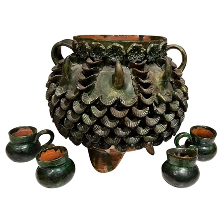 1950s Handmade Green Glaze Pina Pottery Jar Punch Bowl Cups Mexico
