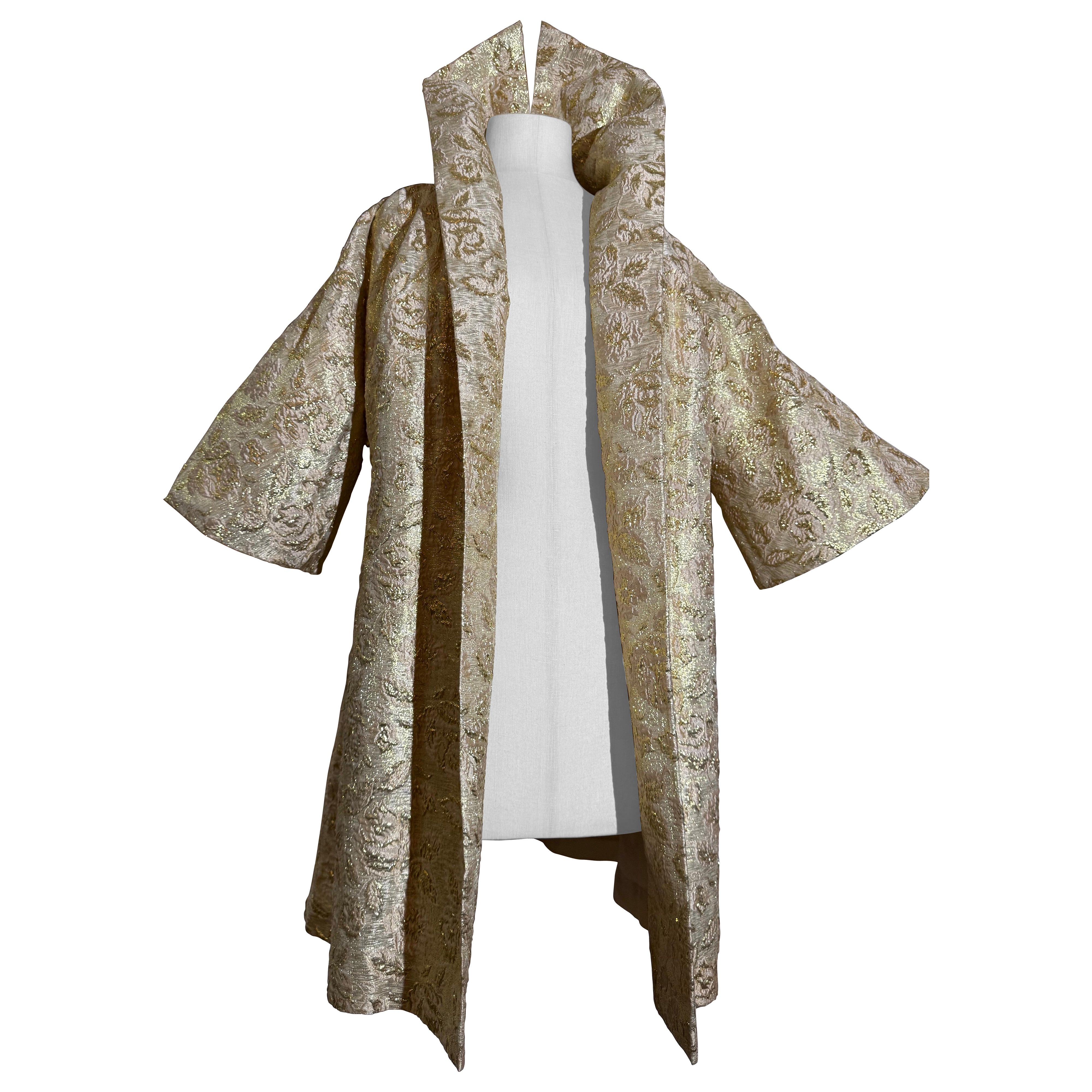 1950s Fabulous Gold Lame Floral Brocade Evening Coat w Dramatic Collar