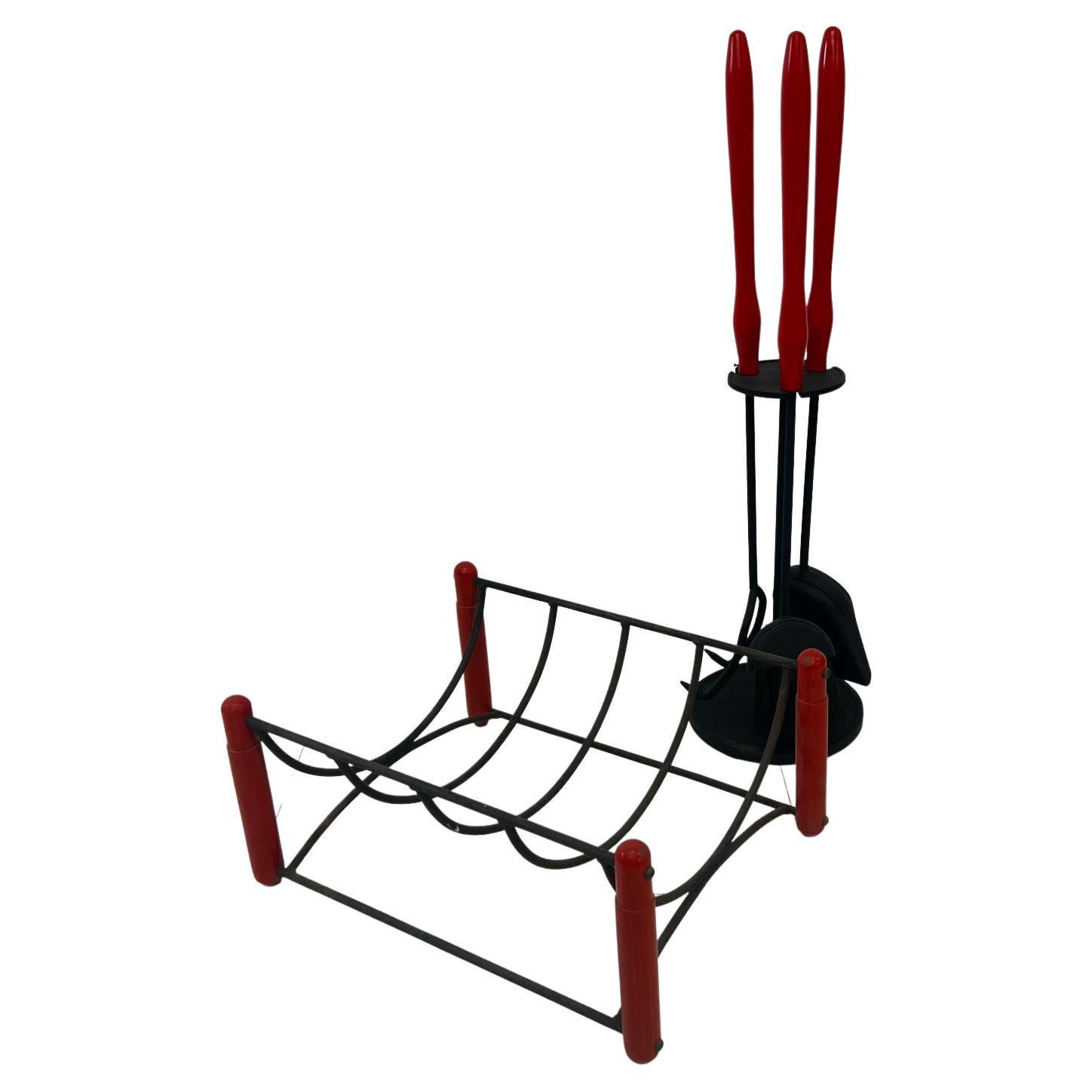 1950s Fabulous Modernism Red Fireplace Tool Set & Log Holder en vente