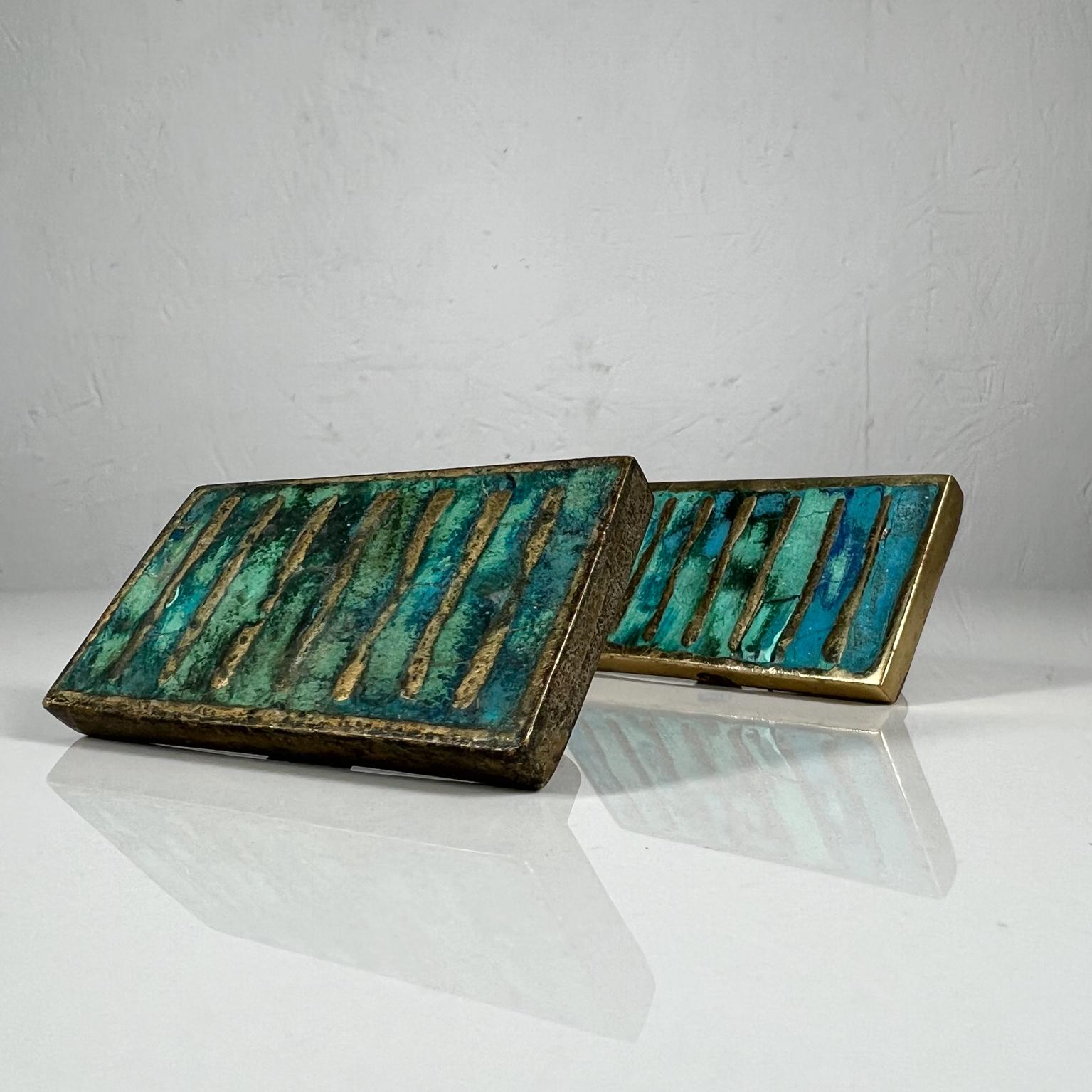 1950s Fabulous Pepe mendoza two malachite & brass rectangular drawer pulls made in Mexico
2.5 w x 1.38 h x .88 d
 Both retain a maker stamp on backside.
One has the original patina. One has been polished by previous owner.
Refer to images