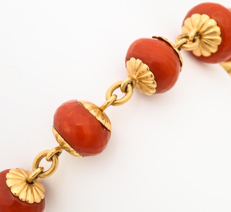 1950s Faceted Oxblood Coral with Coral Beads in a Cage Charm Gold Link ...