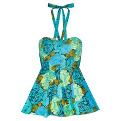Retro 1950s Fantasie Turquoise Rose Print Two-piece Swimsuit