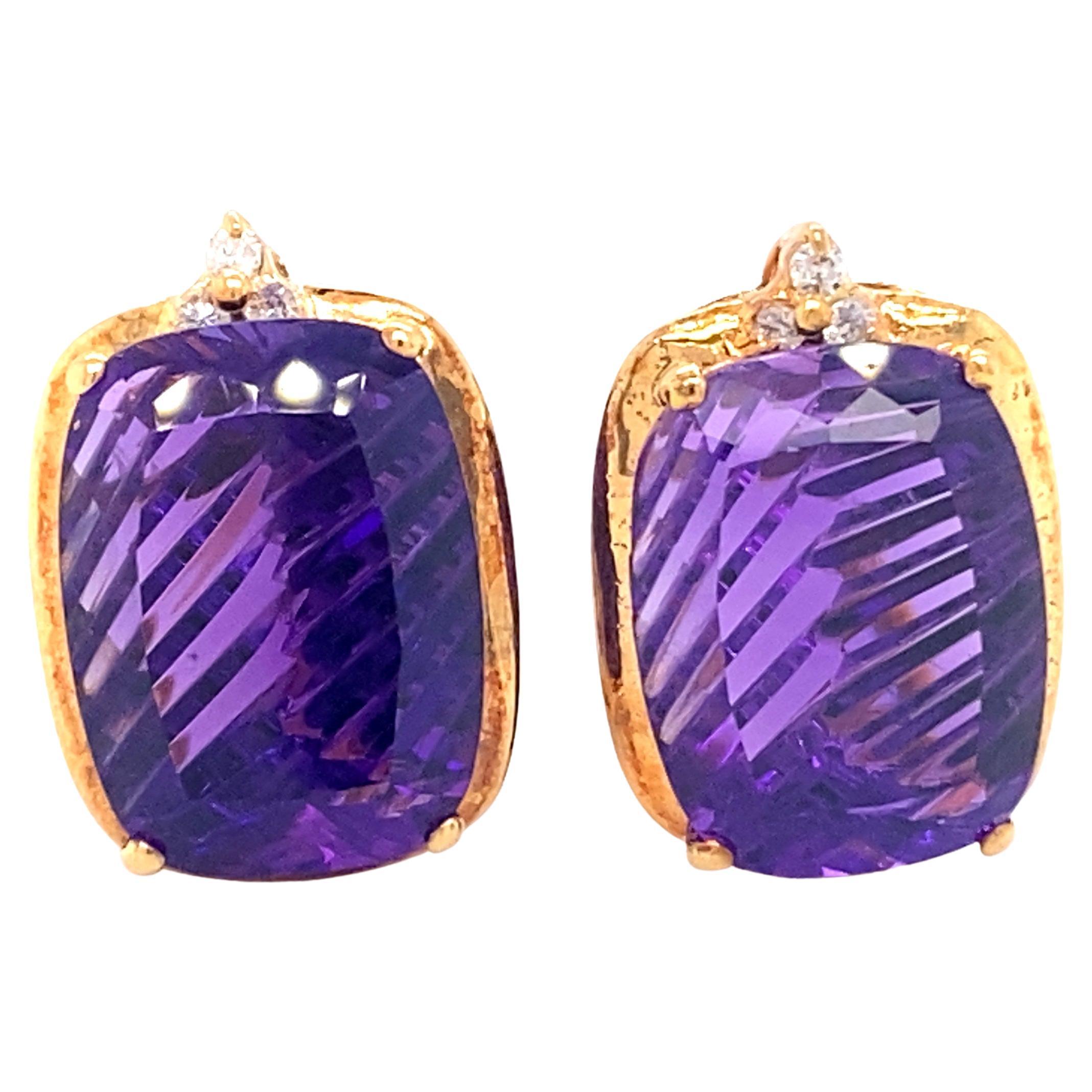 1950s Fantasy Cut Amethyst and Diamond Earrings in 14 Karat Gold