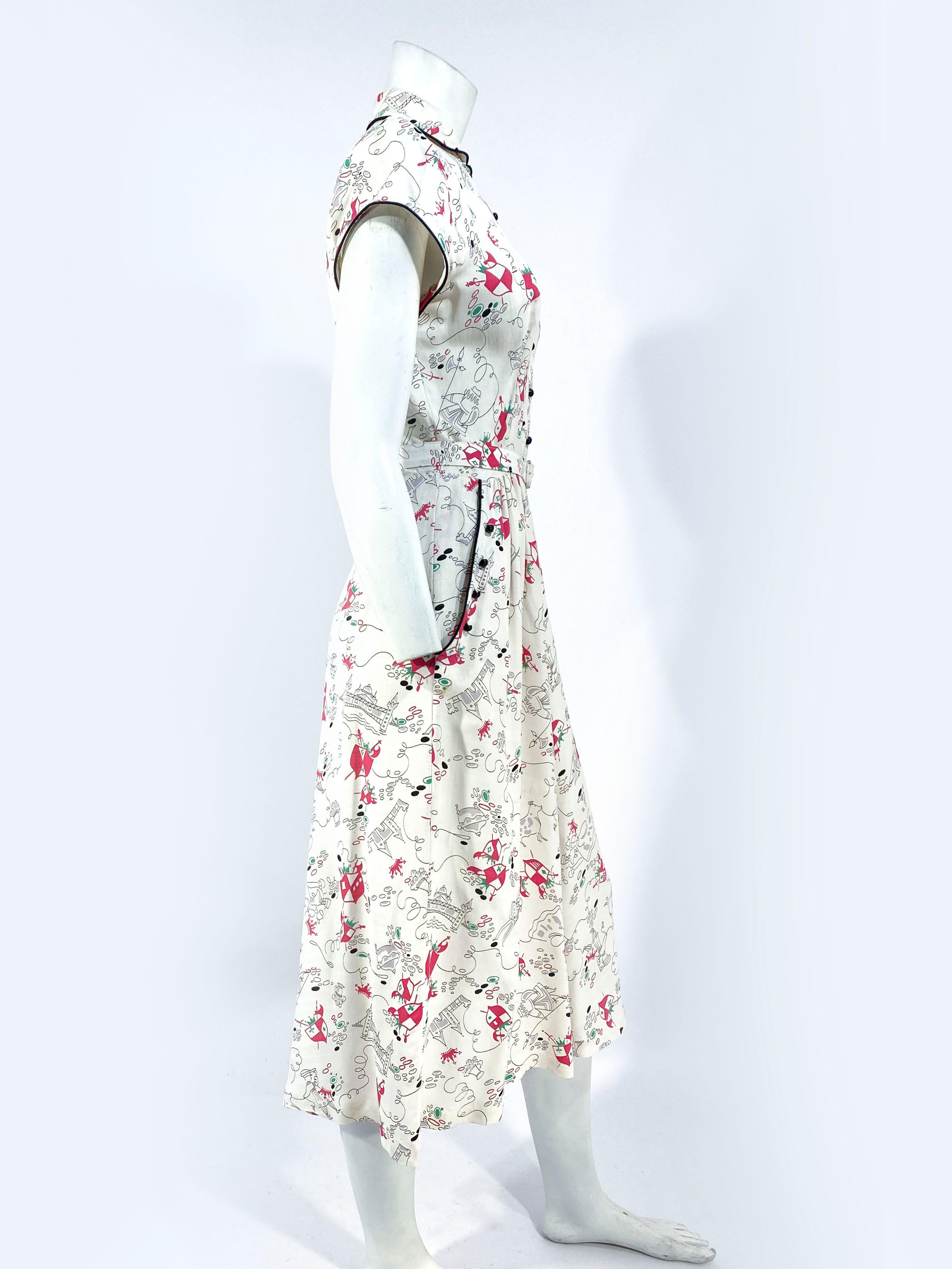 1950s Fantasy Printed Rayon Day Dress For Sale 1