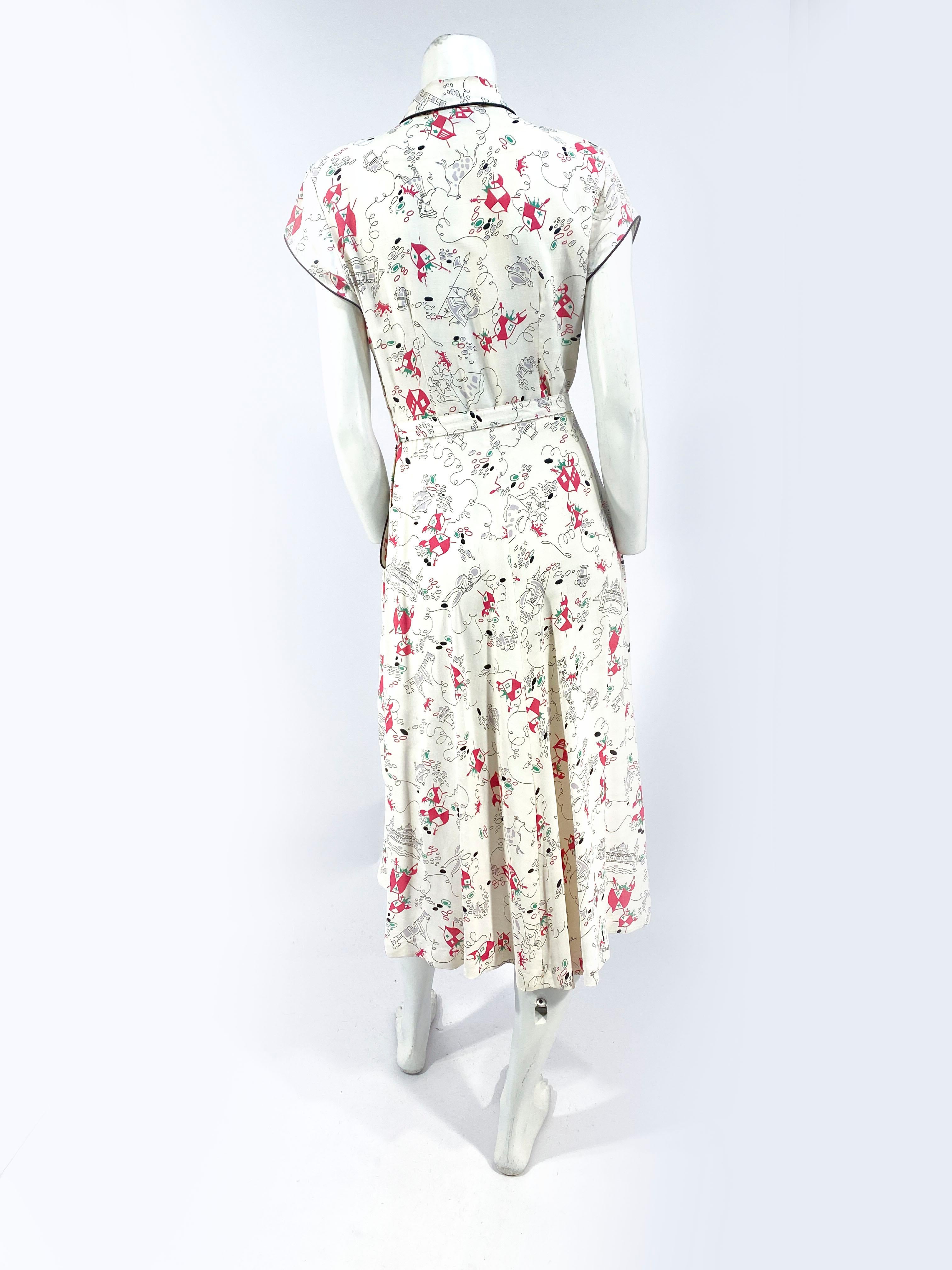 1950s Fantasy Printed Rayon Day Dress For Sale 2