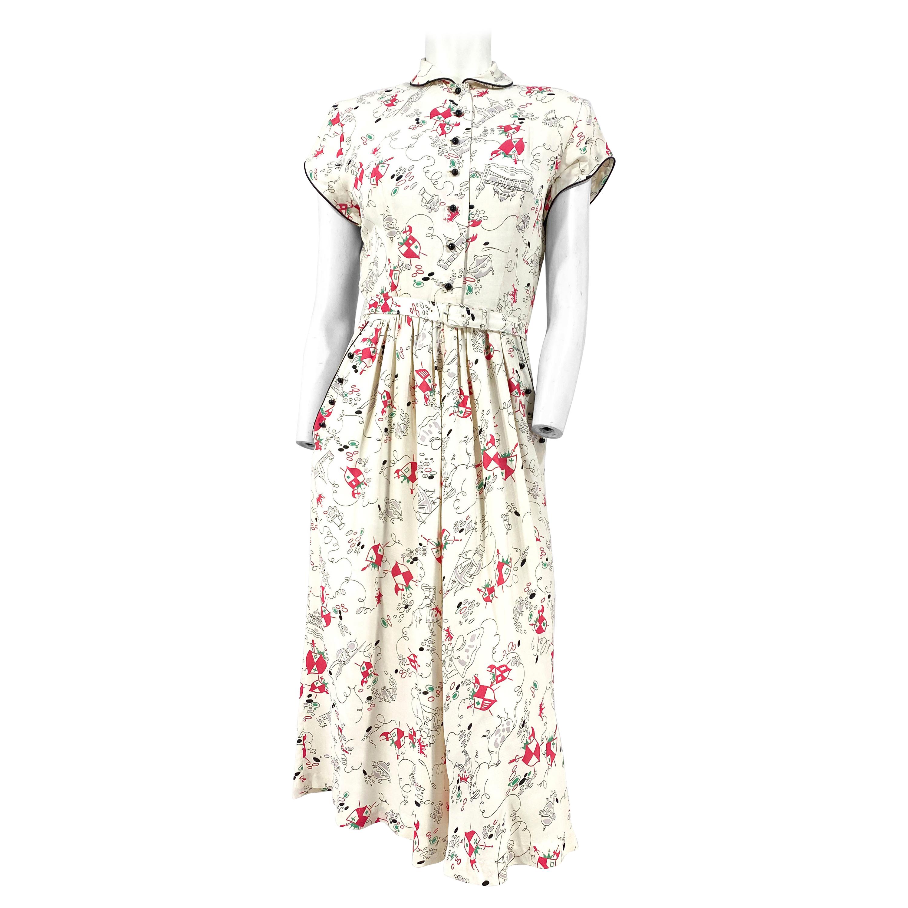 1950s Fantasy Printed Rayon Day Dress For Sale