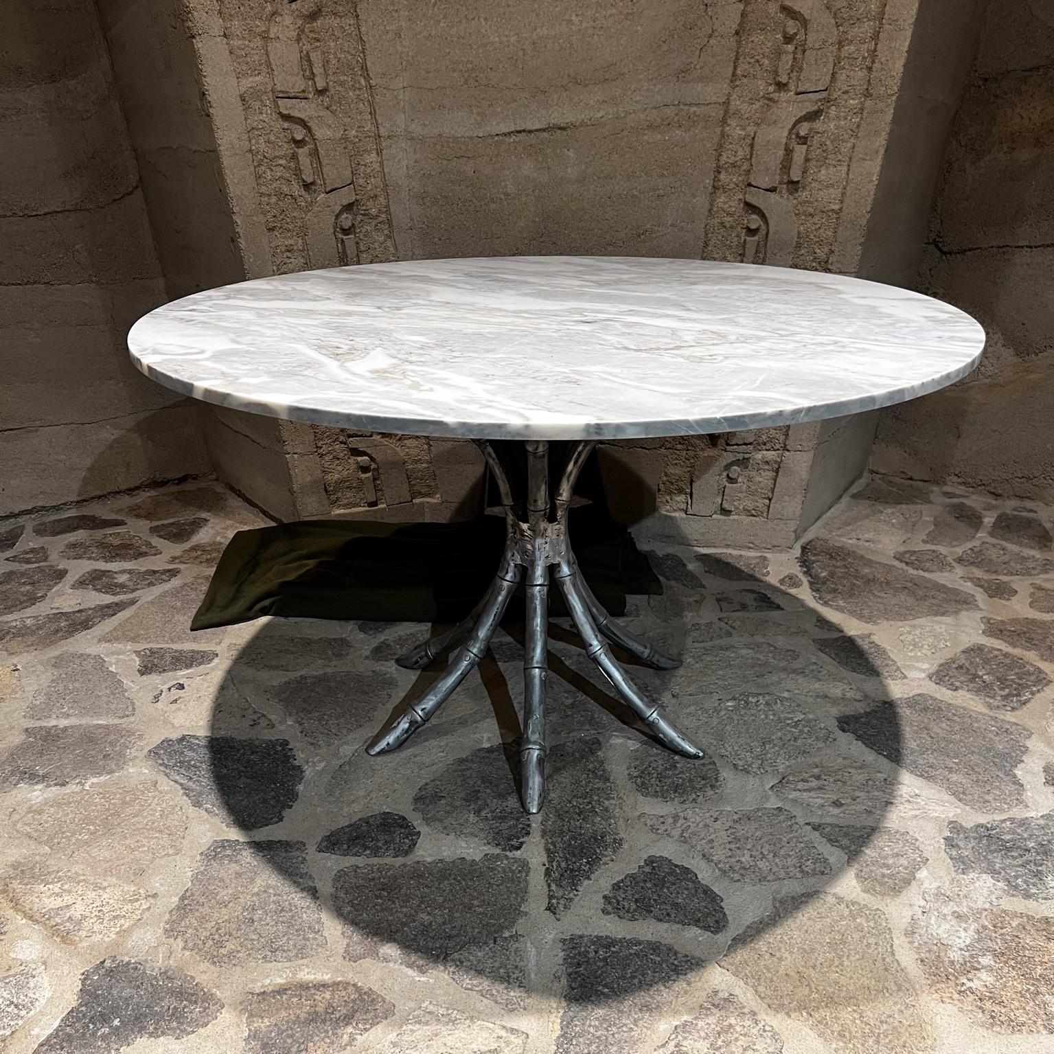 Mexican 1950s Faux Bamboo Aluminum Pedestal Marble Dining Table Mexico For Sale