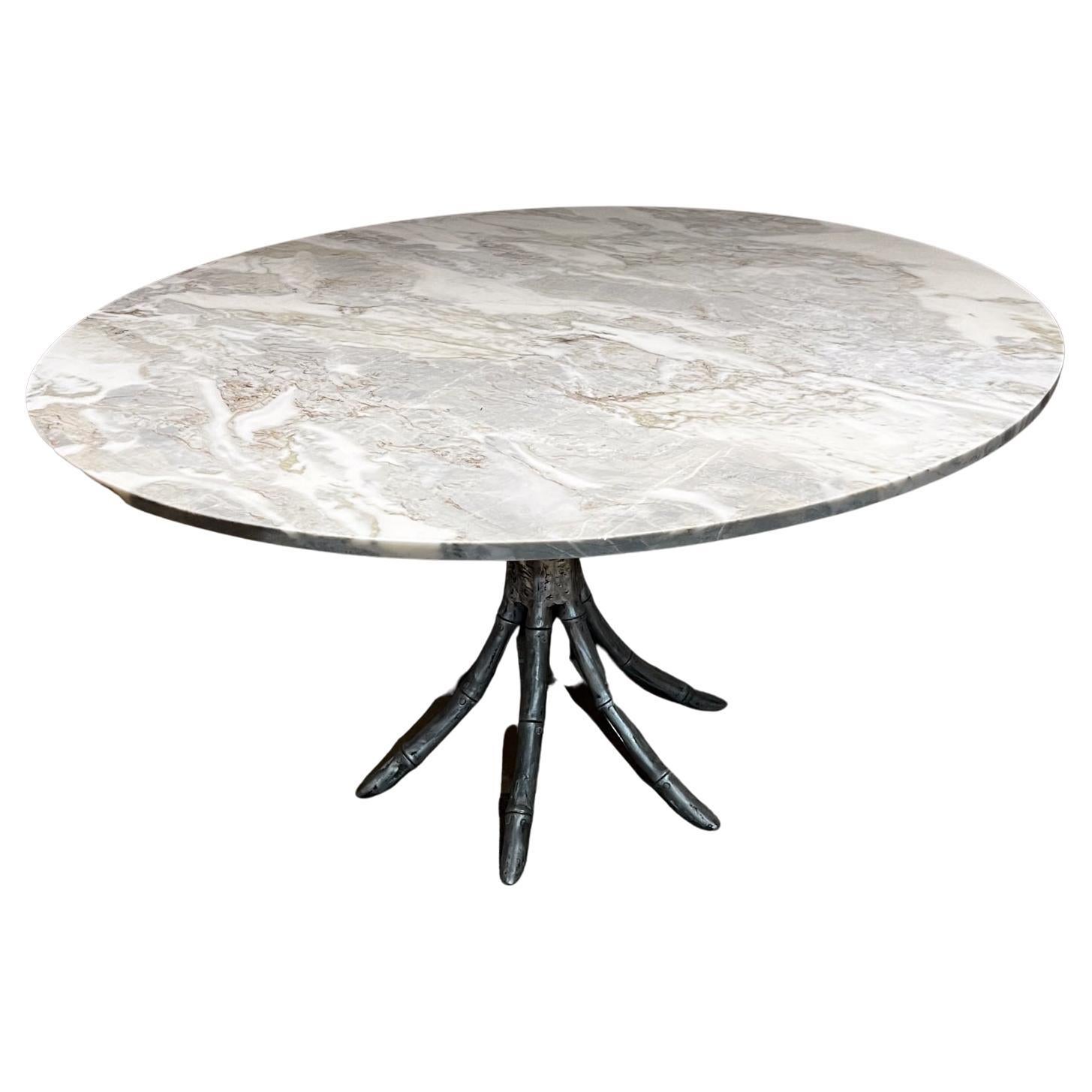1950s Faux Bamboo Aluminum Pedestal Marble Dining Table Mexico For Sale