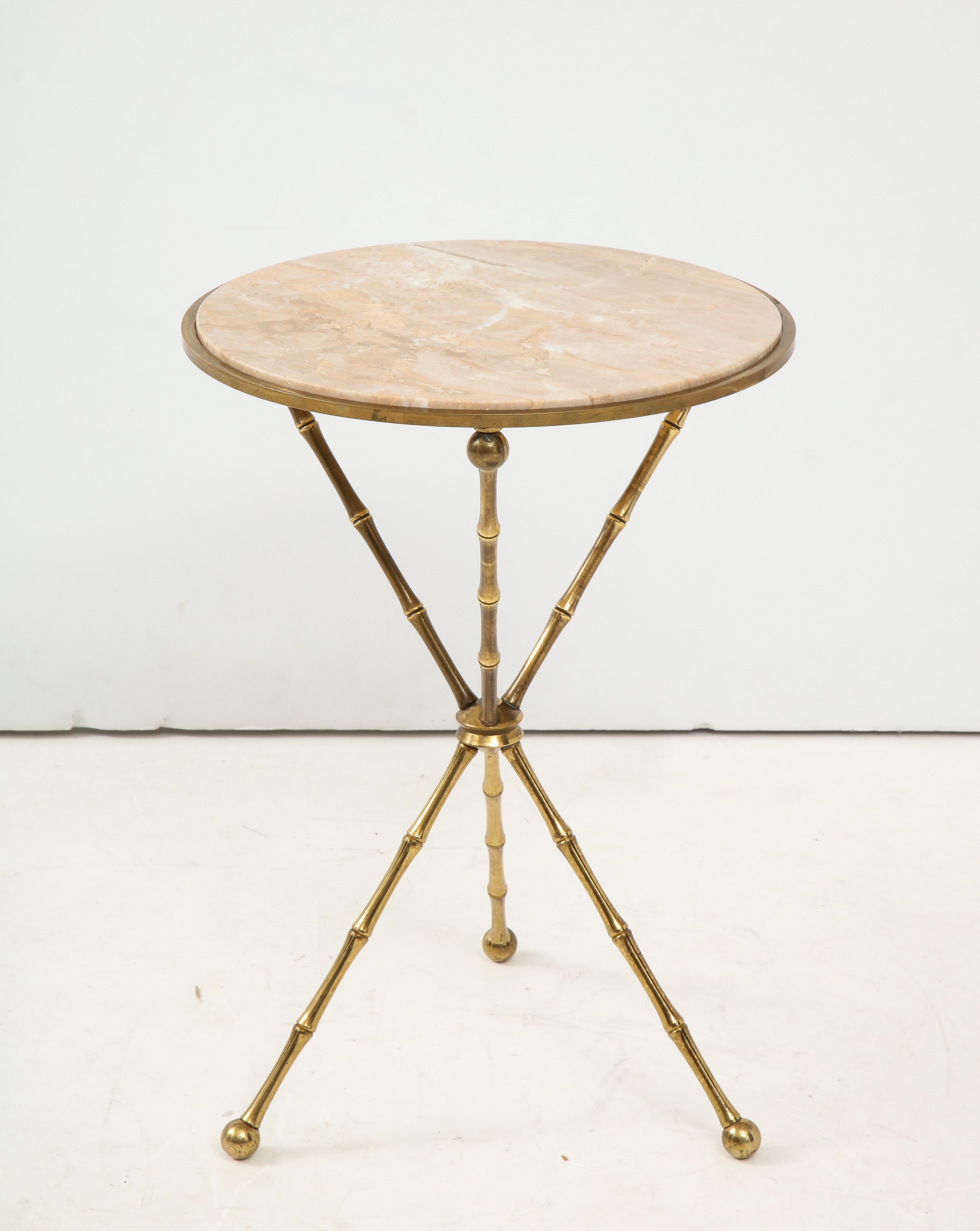 1950s Mid-Century Modern faux bamboo solid brass tripod side table with marble top, in vintage original condition with nice patina.