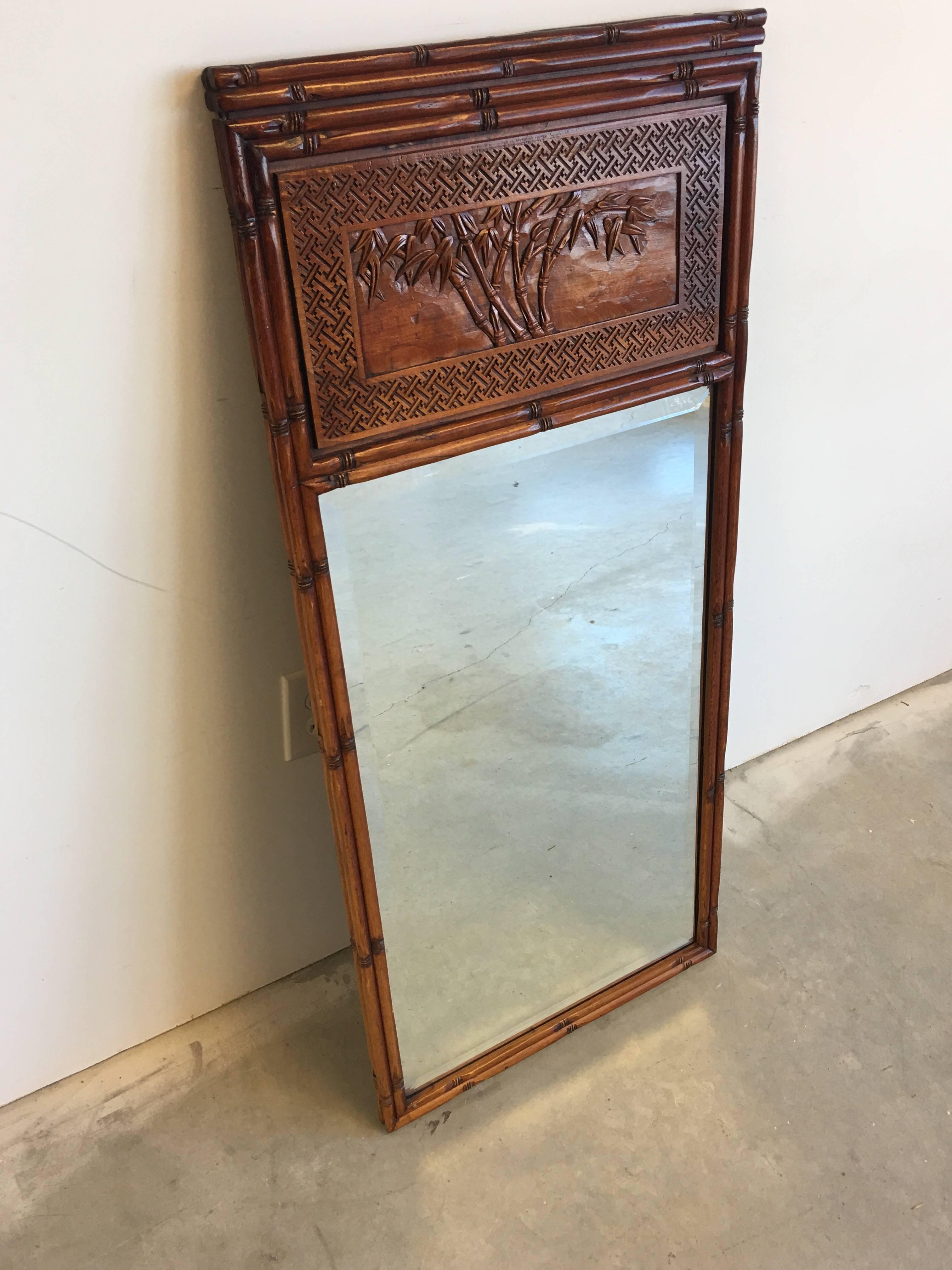 20th Century 1950s Faux Bamboo Mirror with Carved Chinoiserie Trumeau and Greek Key Motif