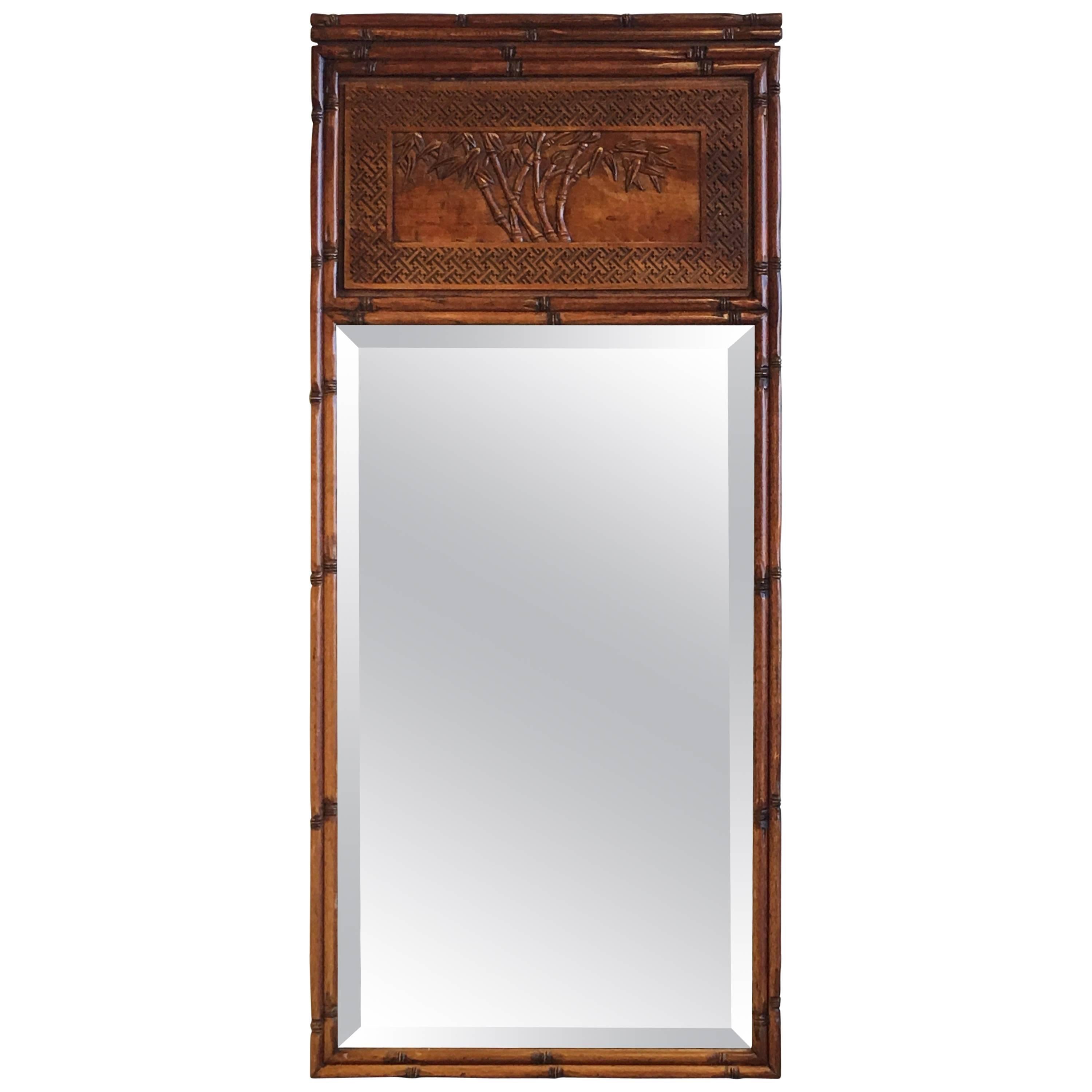 1950s Faux Bamboo Mirror with Carved Chinoiserie Trumeau and Greek Key Motif