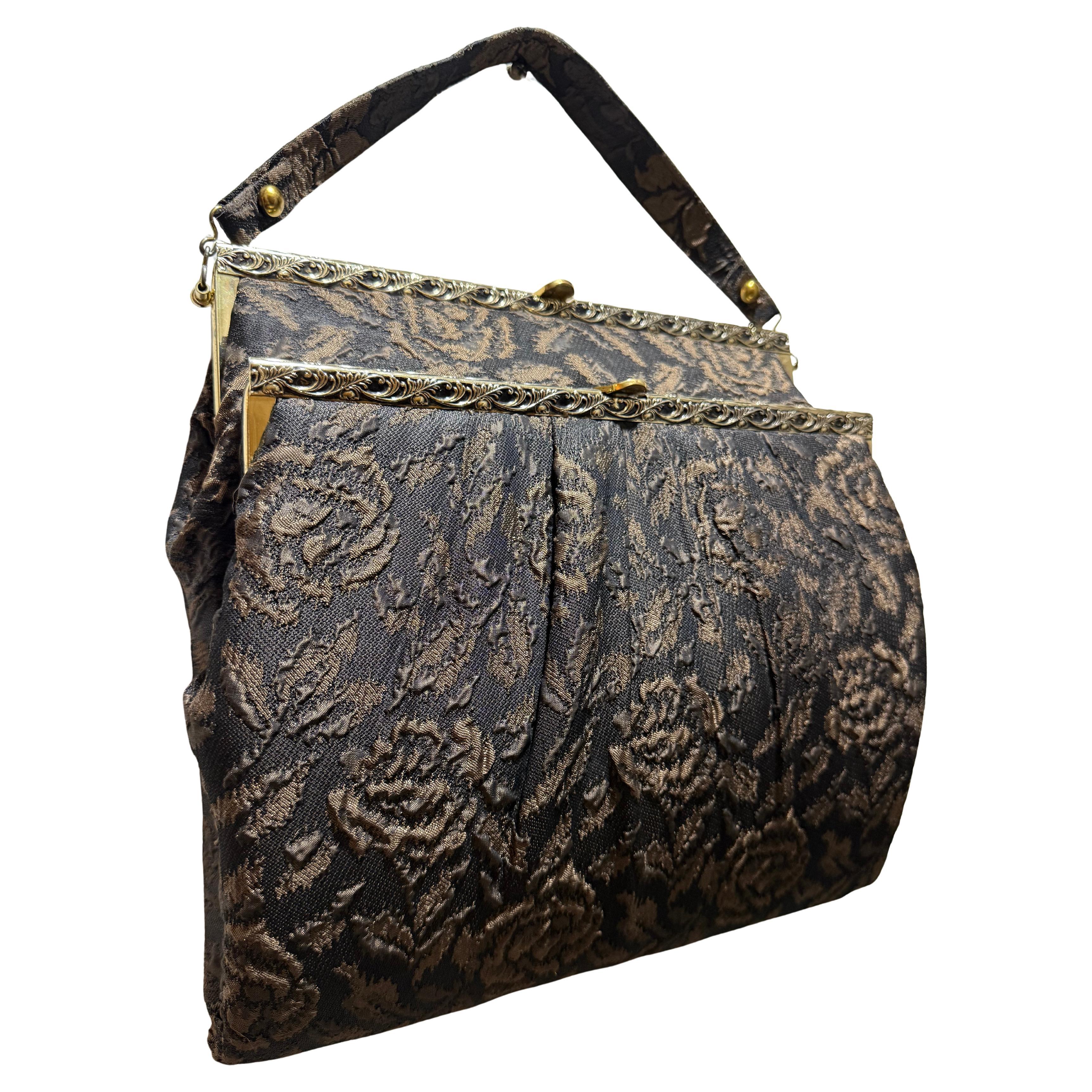 1950s Faye Mell :Double Decker" Ladylike Handbag in Taupe and Black Matelassé
