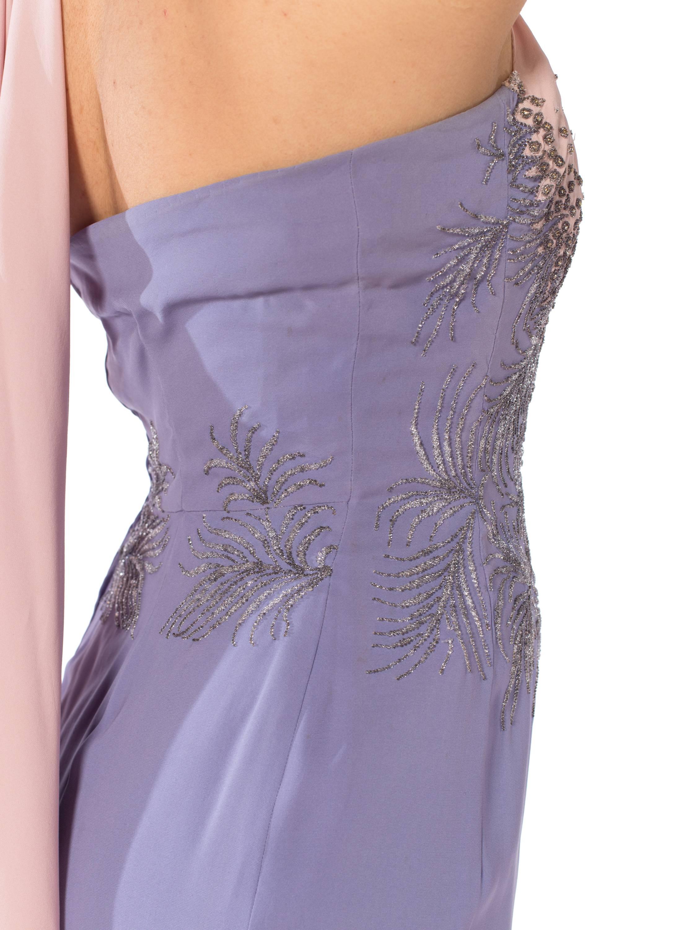 1950S FERCIONI Pink & Purple Haute Couture Silk Beaded One Shoulder Cocktail Dr For Sale 4