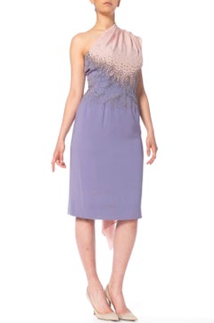 1950S FERCIONI Pink & Purple Haute Couture Silk Beaded One Shoulder Cocktail Dr