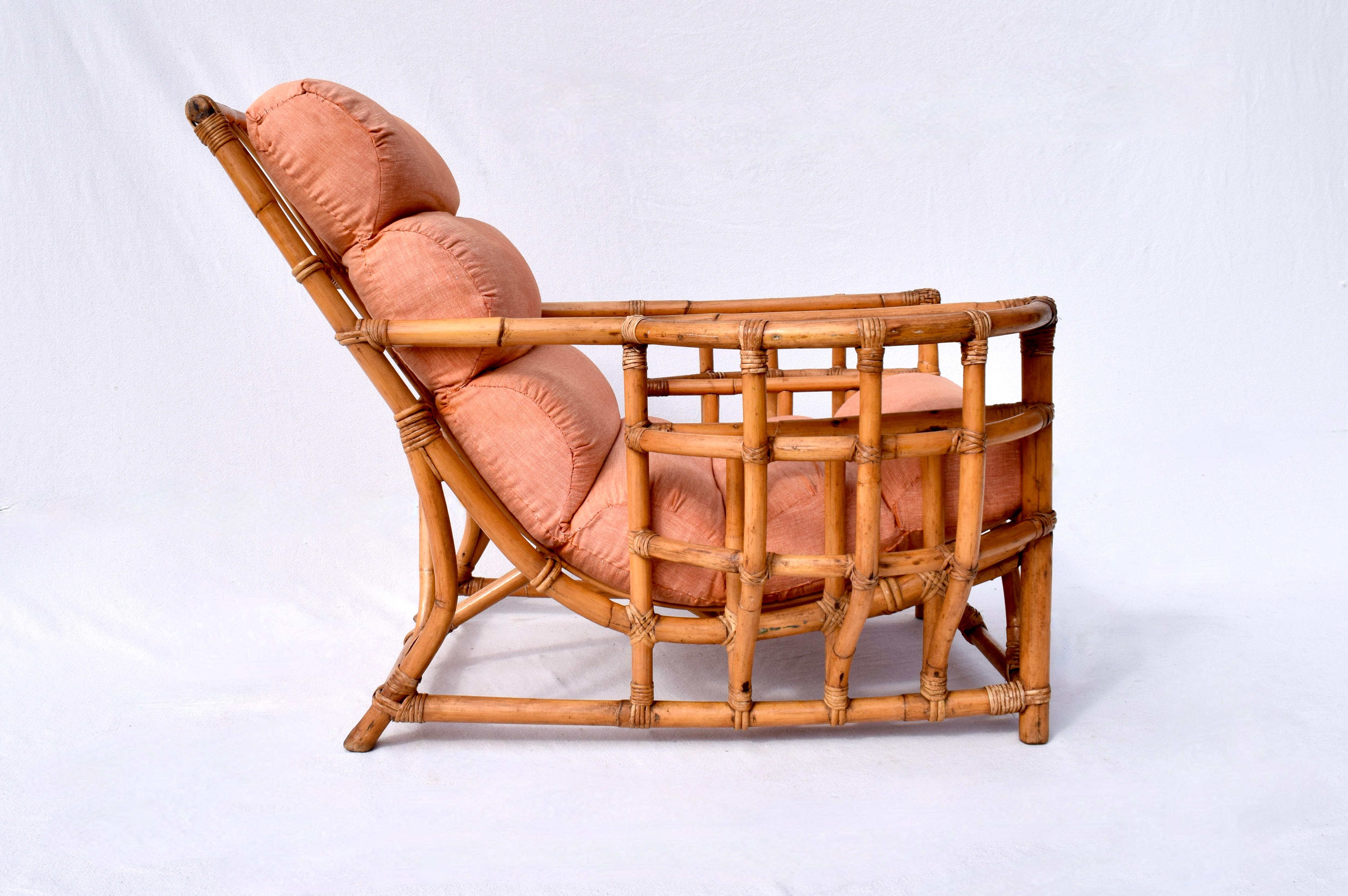 Mid-Century Modern Chaise longue en bambou et rotin Ficks Reed des années 1950 en vente