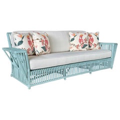 1950’s Ficks Reed Lacquered Stick Rattan President’s Sofa Custom Upholstered