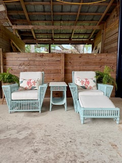 1950’s Ficks Reed Presidents Stick Rattan Lounge Chair's Ottoman & Side Table