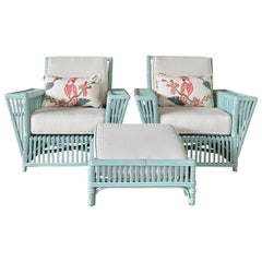 Retro 1950’s Ficks Reed Presidents Stick Rattan Lounge Chair's Ottoman & Side Table